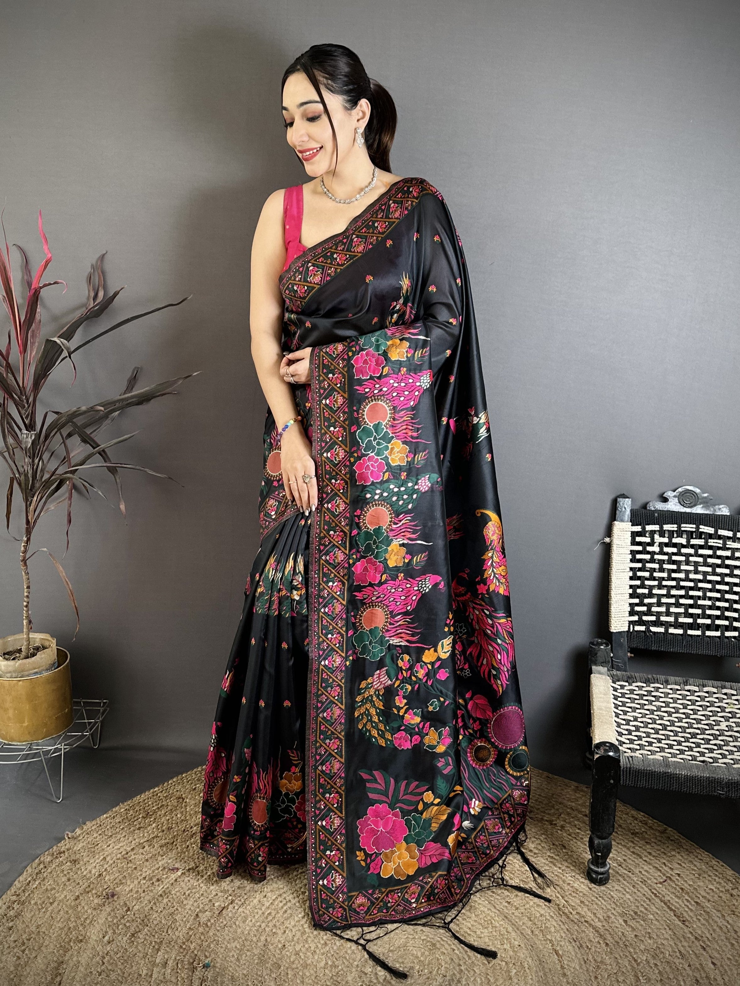 Luxury Pashmina Silk Kashmiri Saree - Meenakari Zari Weave (Black)