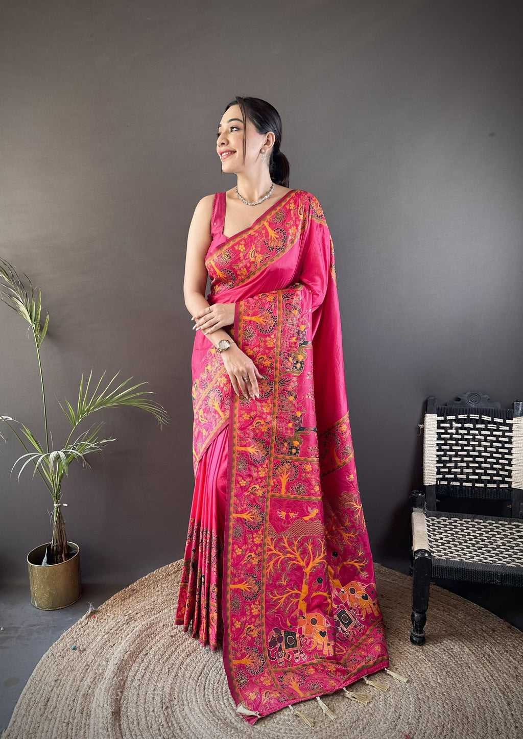 Luxury Pashmina Silk Kashmiri Saree - Meenakari Zari Weave (Pink)