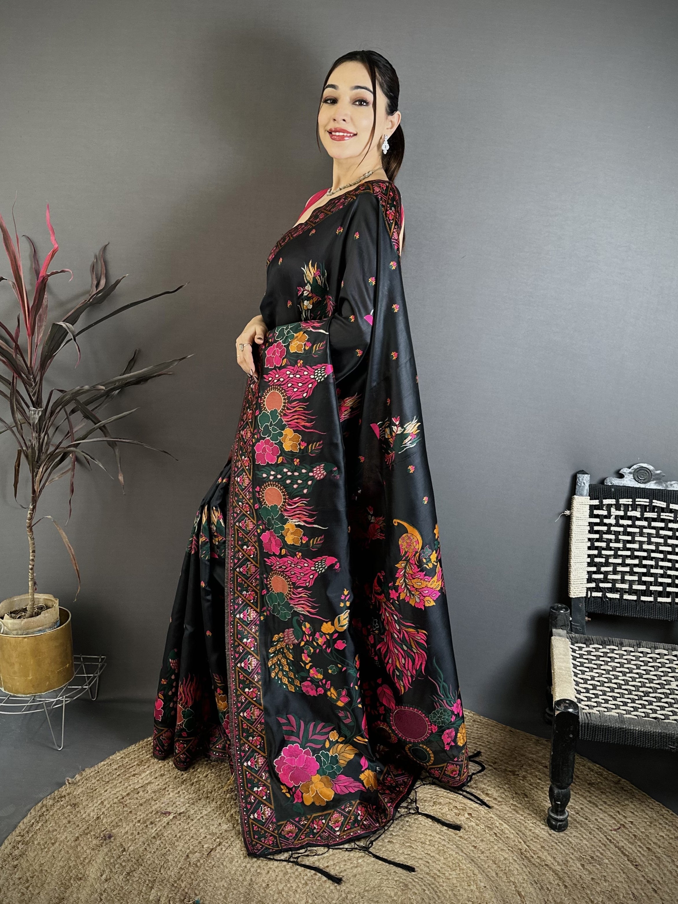 Luxury Pashmina Silk Kashmiri Saree - Meenakari Zari Weave (Black)