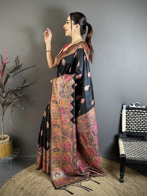 Luxury Pashmina Silk Kashmiri Saree - Meenakari Zari Weave (Black)