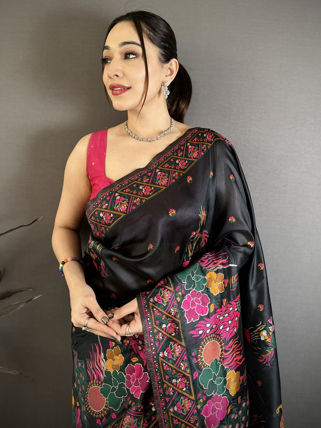 Luxury Pashmina Silk Kashmiri Saree - Meenakari Zari Weave (Black)