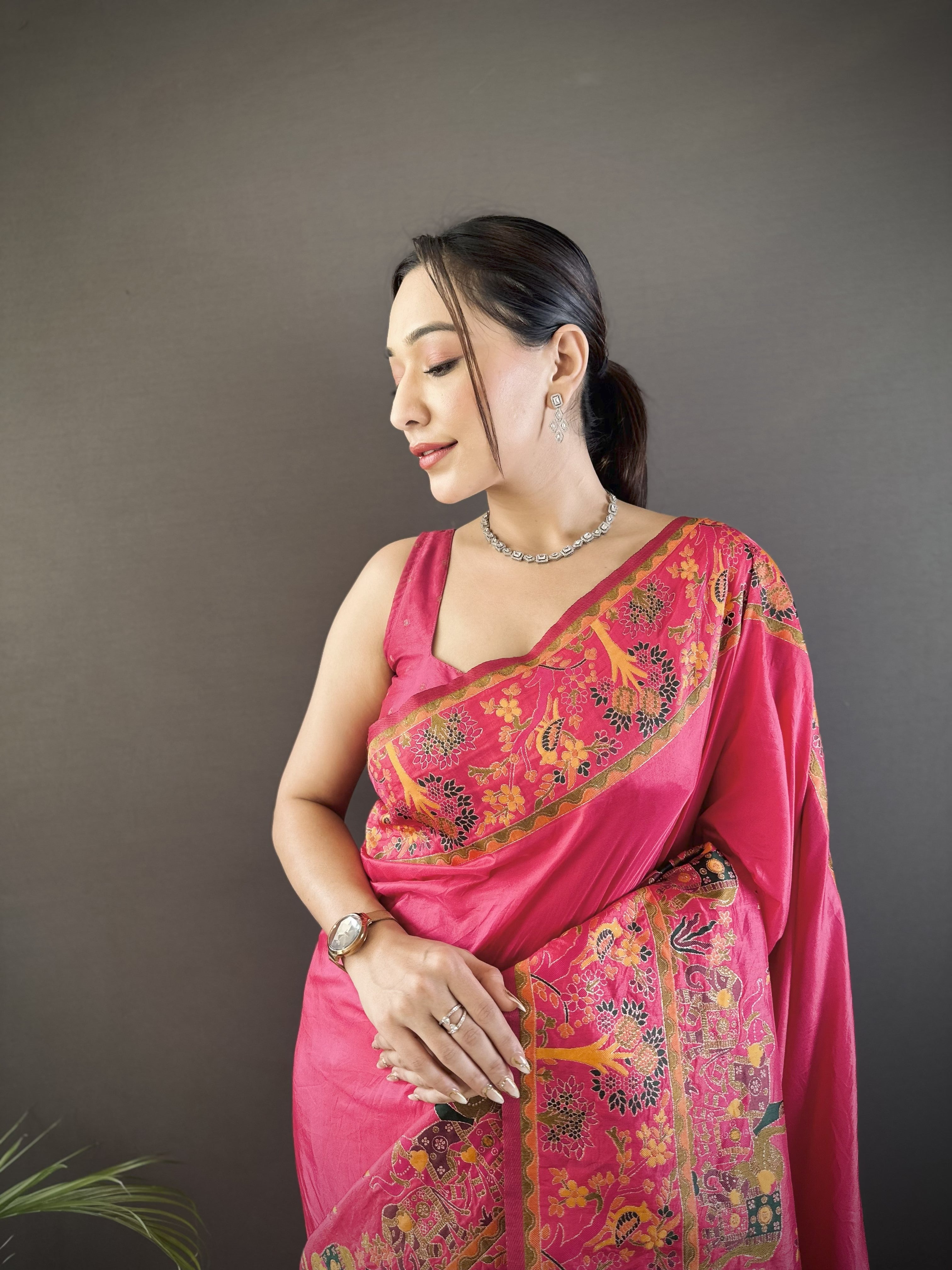 Luxury Pashmina Silk Kashmiri Saree - Meenakari Zari Weave (Pink)