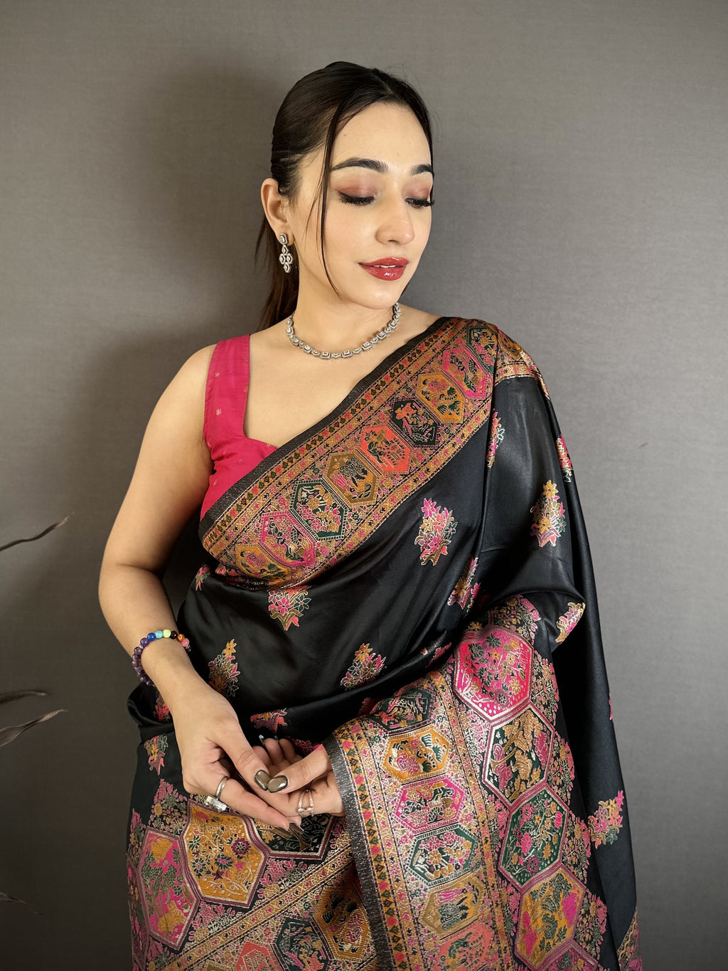 Luxury Pashmina Silk Kashmiri Saree - Meenakari Zari Weave (Black)
