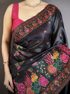 Luxury Pashmina Silk Kashmiri Saree - Meenakari Zari Weave (Black)