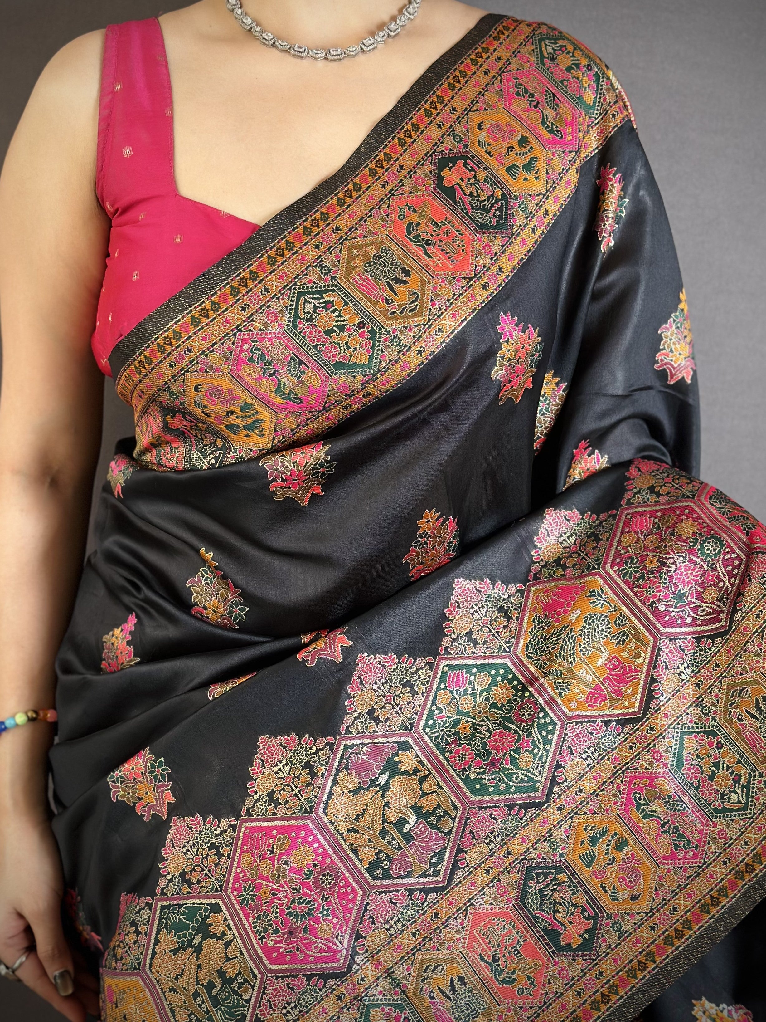 Luxury Pashmina Silk Kashmiri Saree - Meenakari Zari Weave (Black)