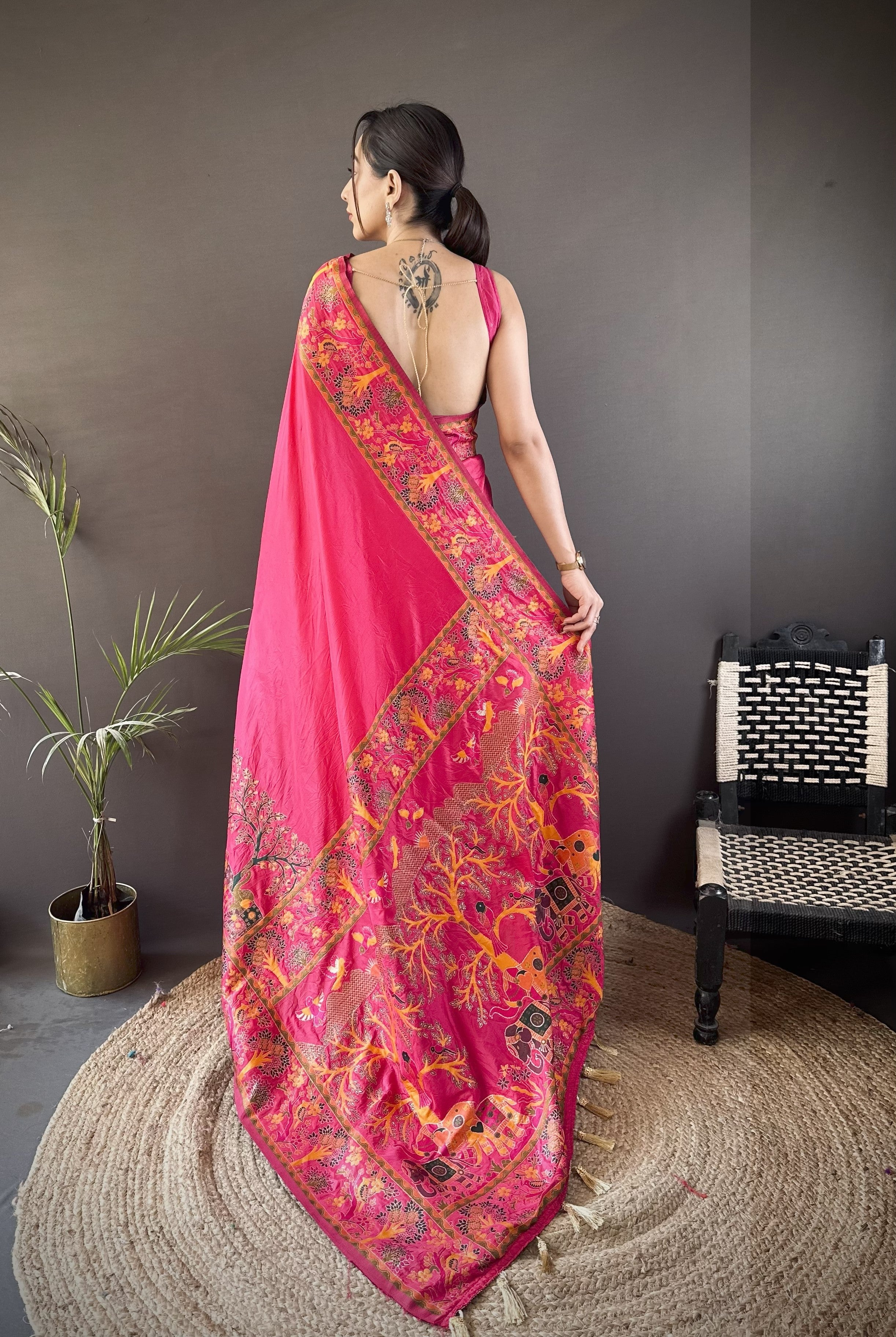 Luxury Pashmina Silk Kashmiri Saree - Meenakari Zari Weave (Pink)