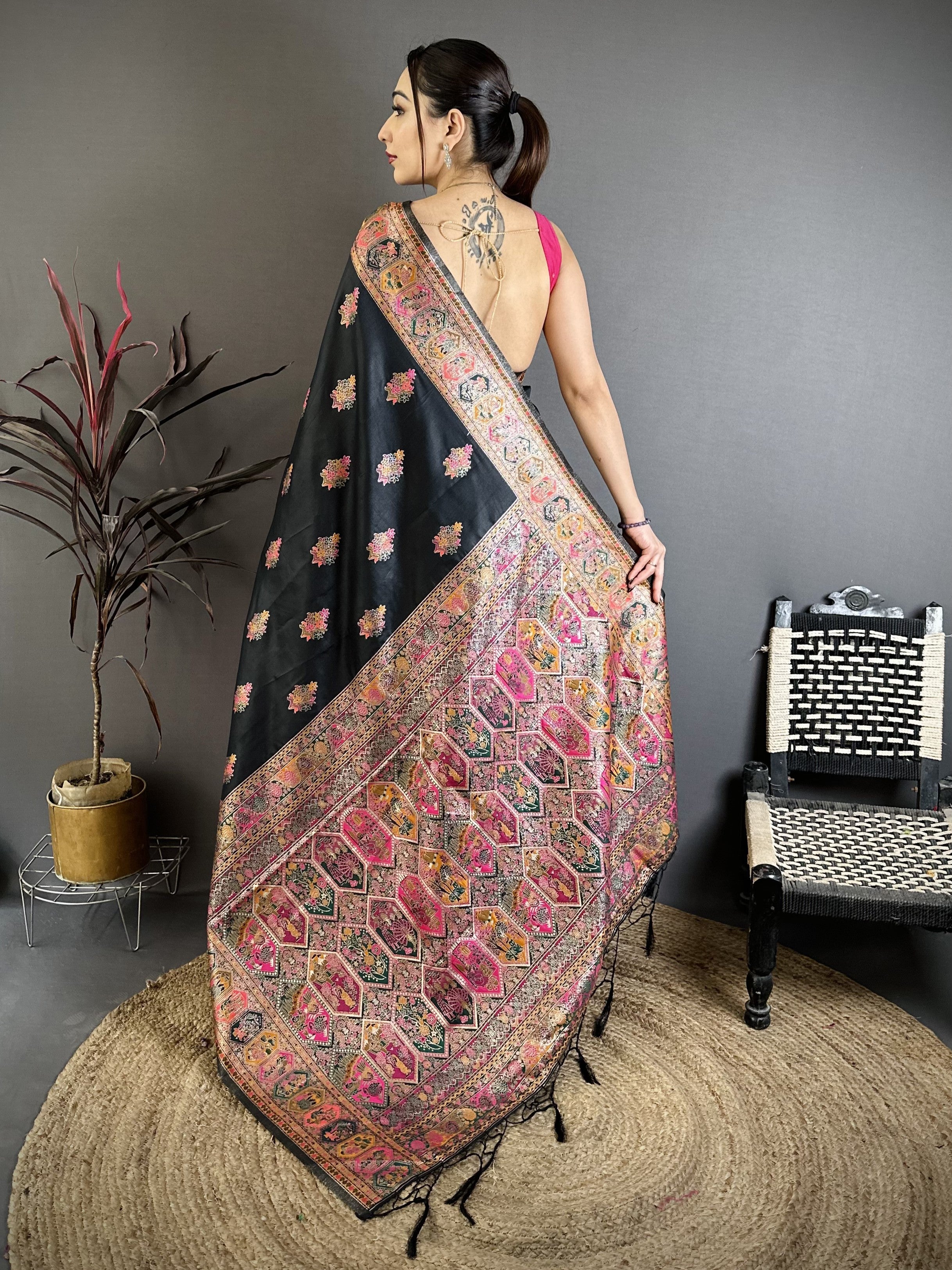 Luxury Pashmina Silk Kashmiri Saree - Meenakari Zari Weave (Black)