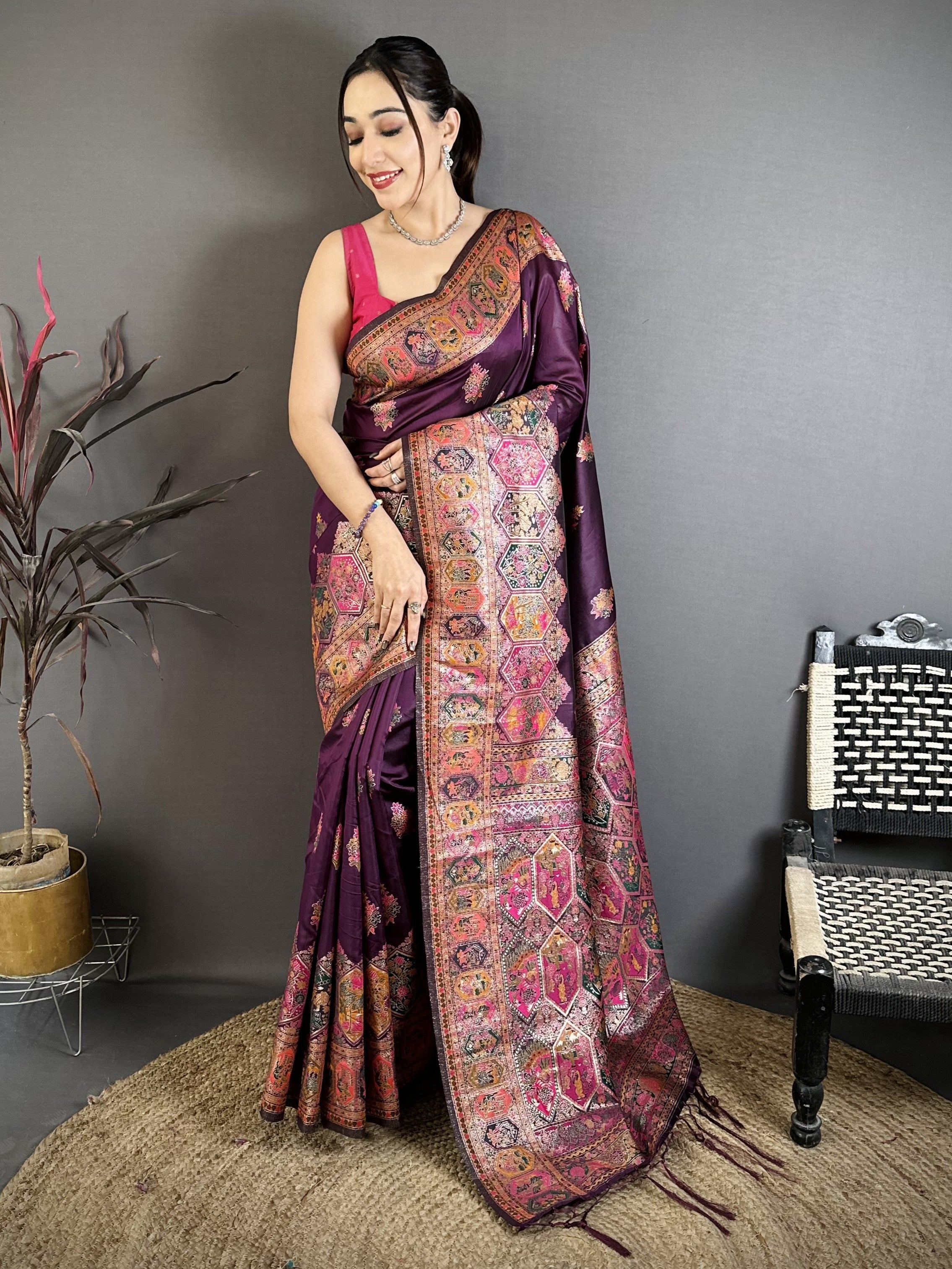 Luxury Pashmina Silk Kashmiri Saree - Meenakari Zari Weave (Wine)