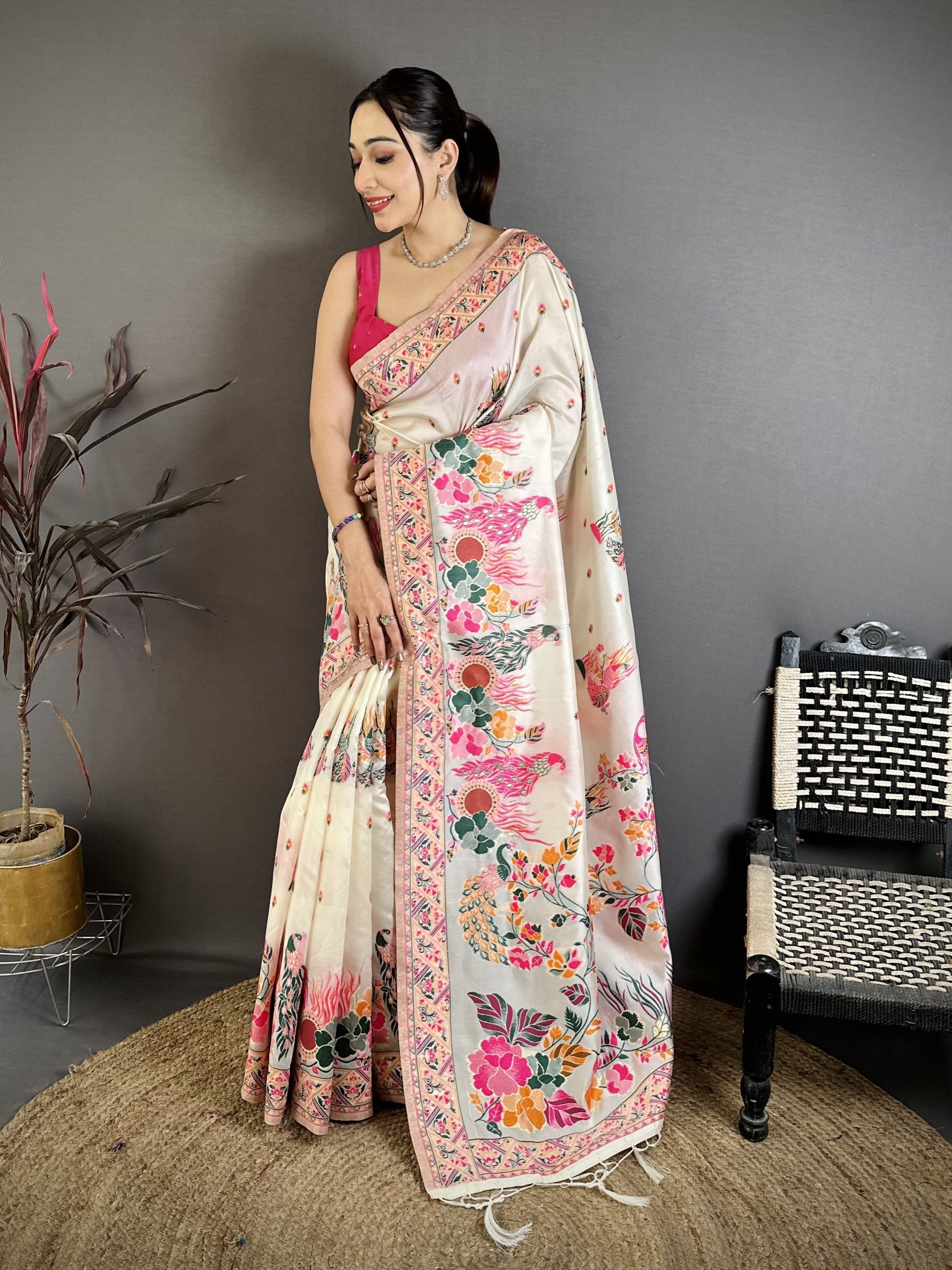 Luxury Pashmina Silk Kashmiri Saree - Meenakari Zari Weave (Off-White)