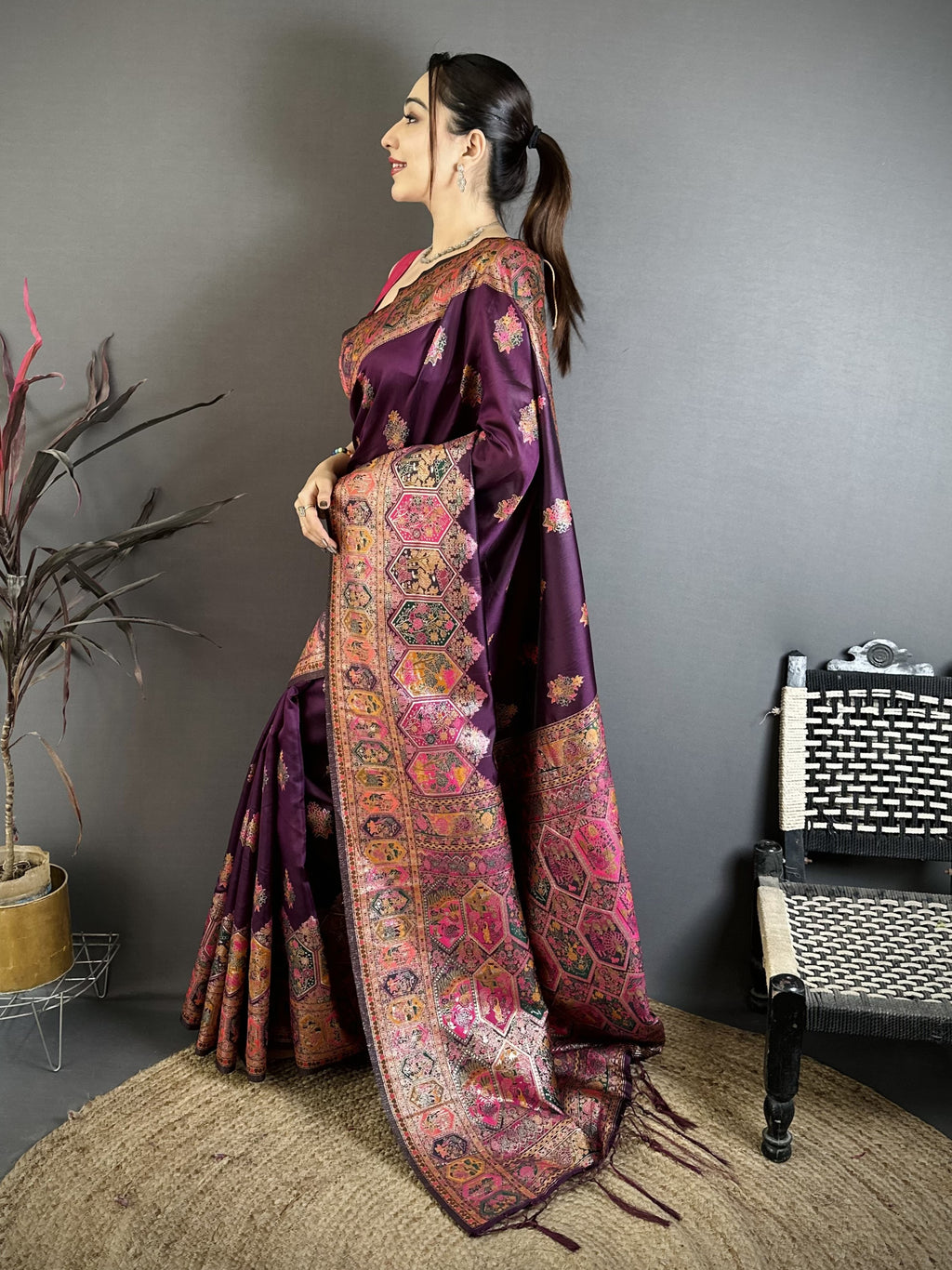Luxury Pashmina Silk Kashmiri Saree - Meenakari Zari Weave (Wine)