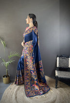 Luxury Pashmina Silk Kashmiri Saree - Meenakari Zari Weave (Blue)