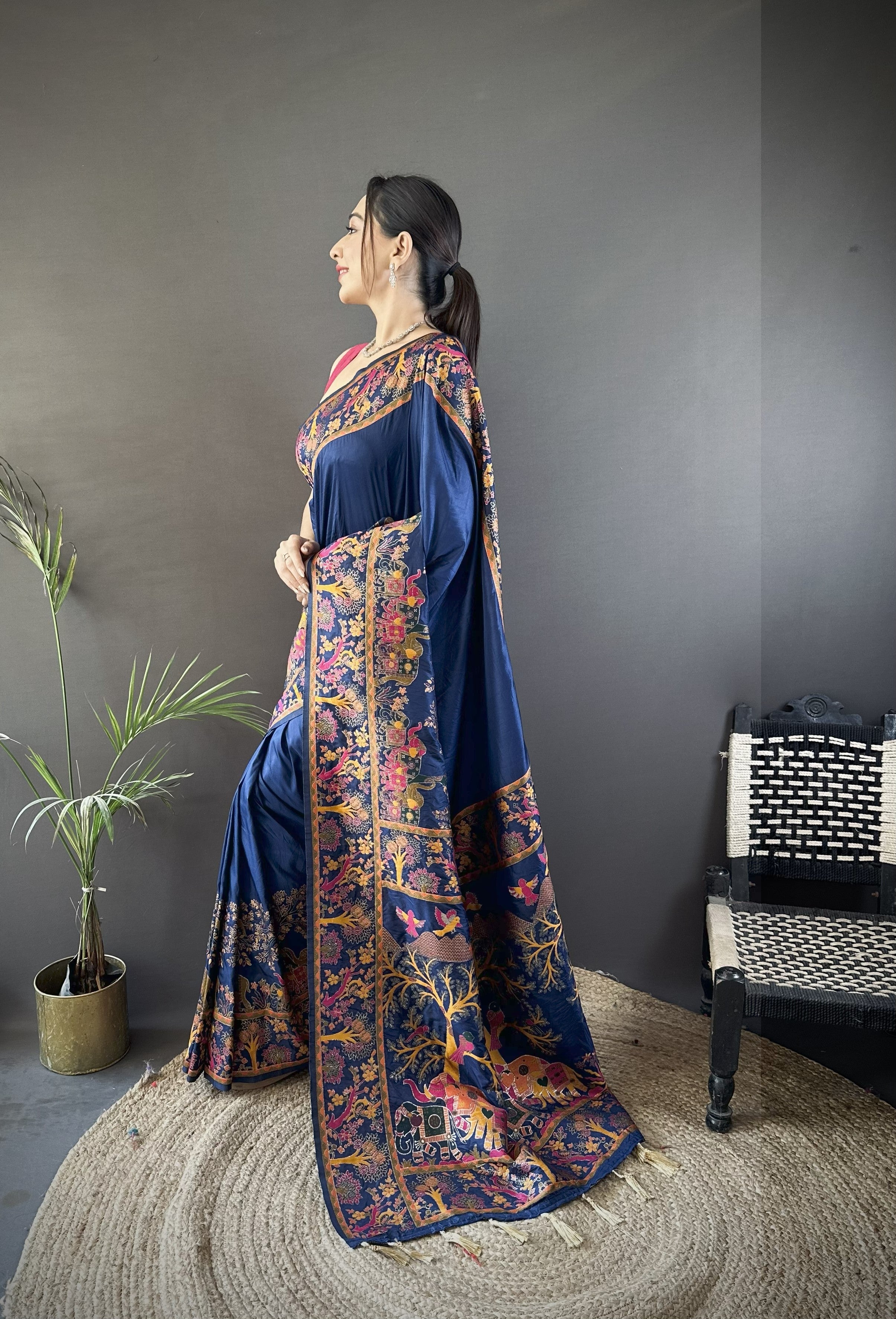 Luxury Pashmina Silk Kashmiri Saree - Meenakari Zari Weave (Blue)