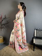 Luxury Pashmina Silk Kashmiri Saree - Meenakari Zari Weave (Off-White)