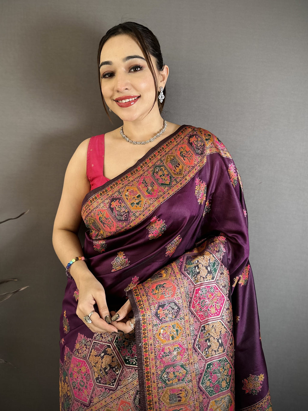 Luxury Pashmina Silk Kashmiri Saree - Meenakari Zari Weave (Wine)