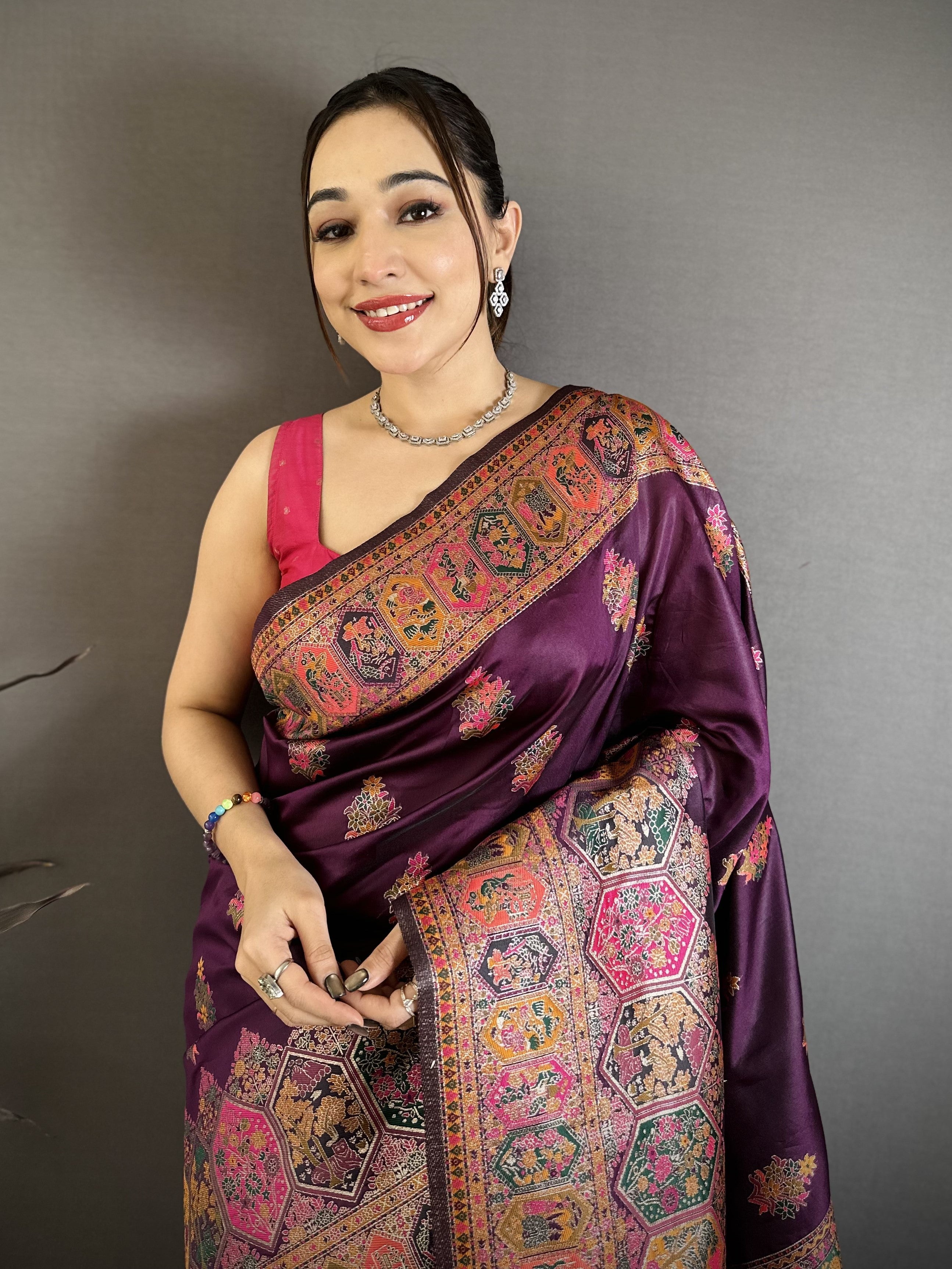 Luxury Pashmina Silk Kashmiri Saree - Meenakari Zari Weave (Wine)