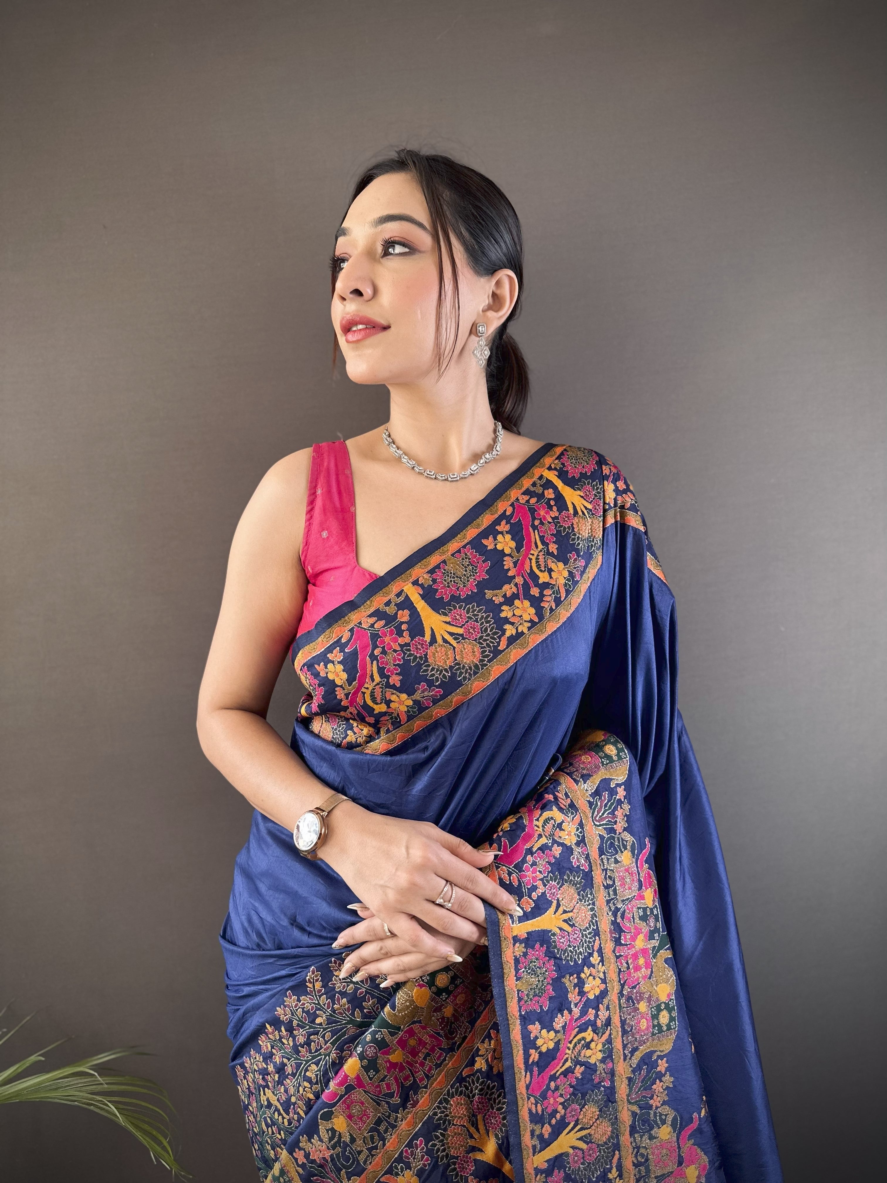 Luxury Pashmina Silk Kashmiri Saree - Meenakari Zari Weave (Blue)