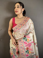 Luxury Pashmina Silk Kashmiri Saree - Meenakari Zari Weave (Off-White)
