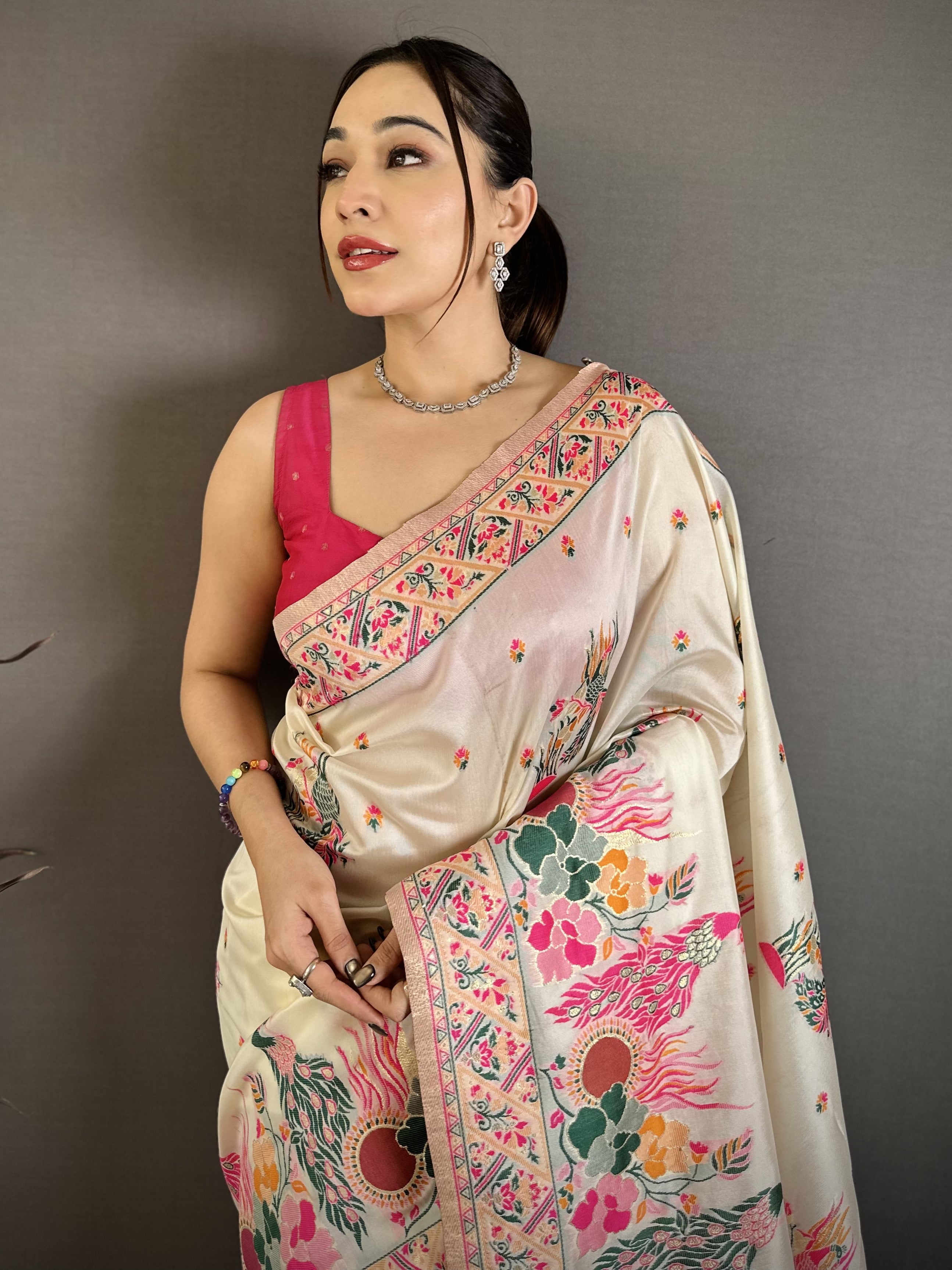 Luxury Pashmina Silk Kashmiri Saree - Meenakari Zari Weave (Off-White)