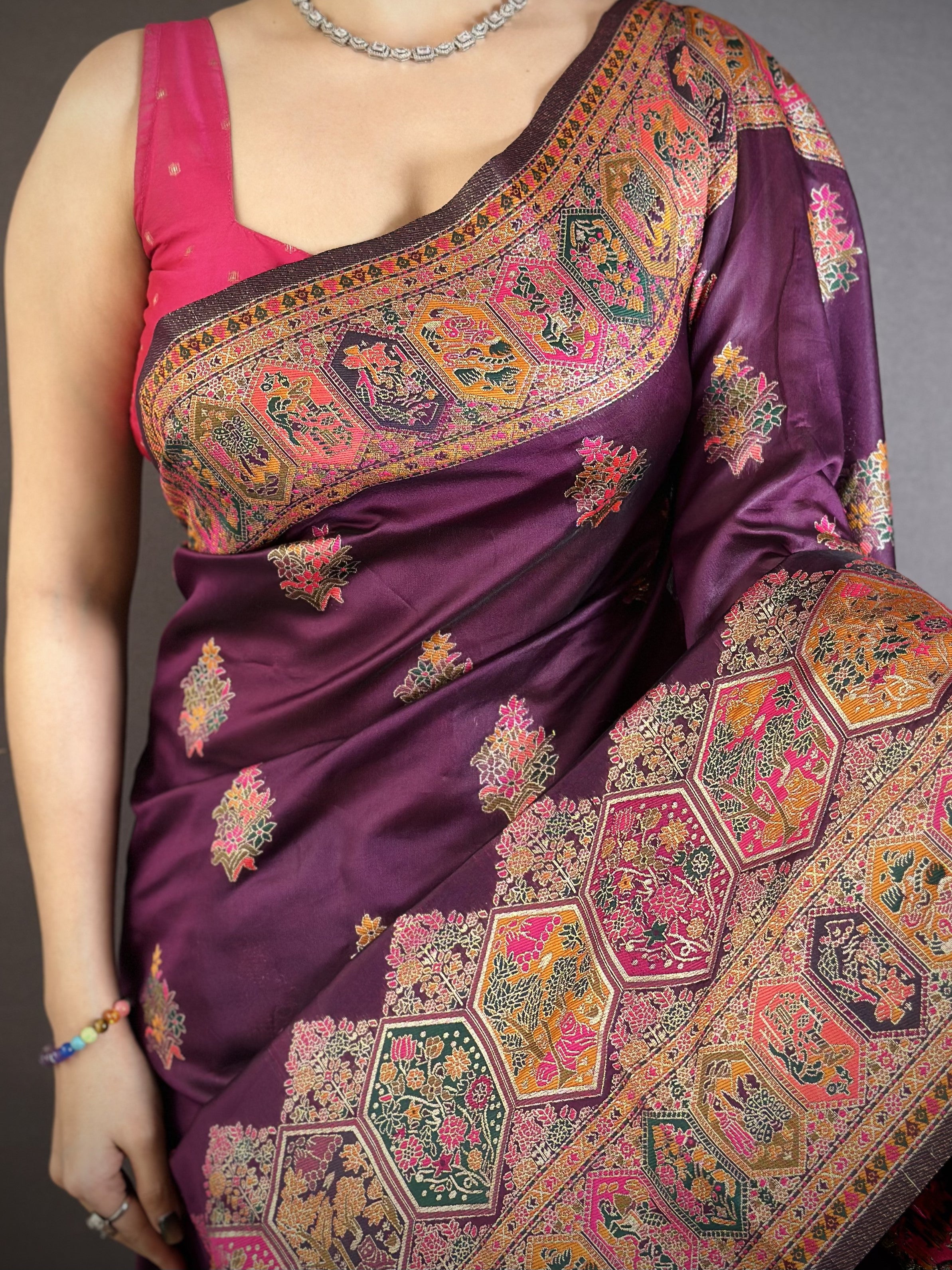 Luxury Pashmina Silk Kashmiri Saree - Meenakari Zari Weave (Wine)