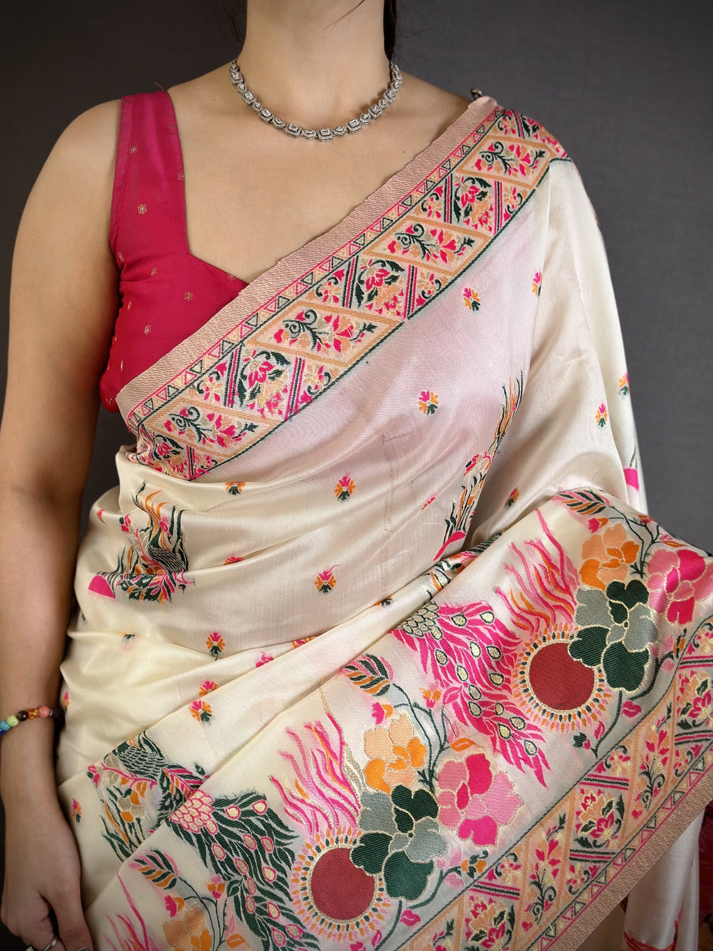 Luxury Pashmina Silk Kashmiri Saree - Meenakari Zari Weave (Off-White)