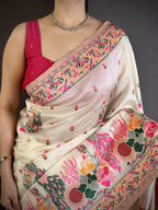 Luxury Pashmina Silk Kashmiri Saree - Meenakari Zari Weave (Off-White)