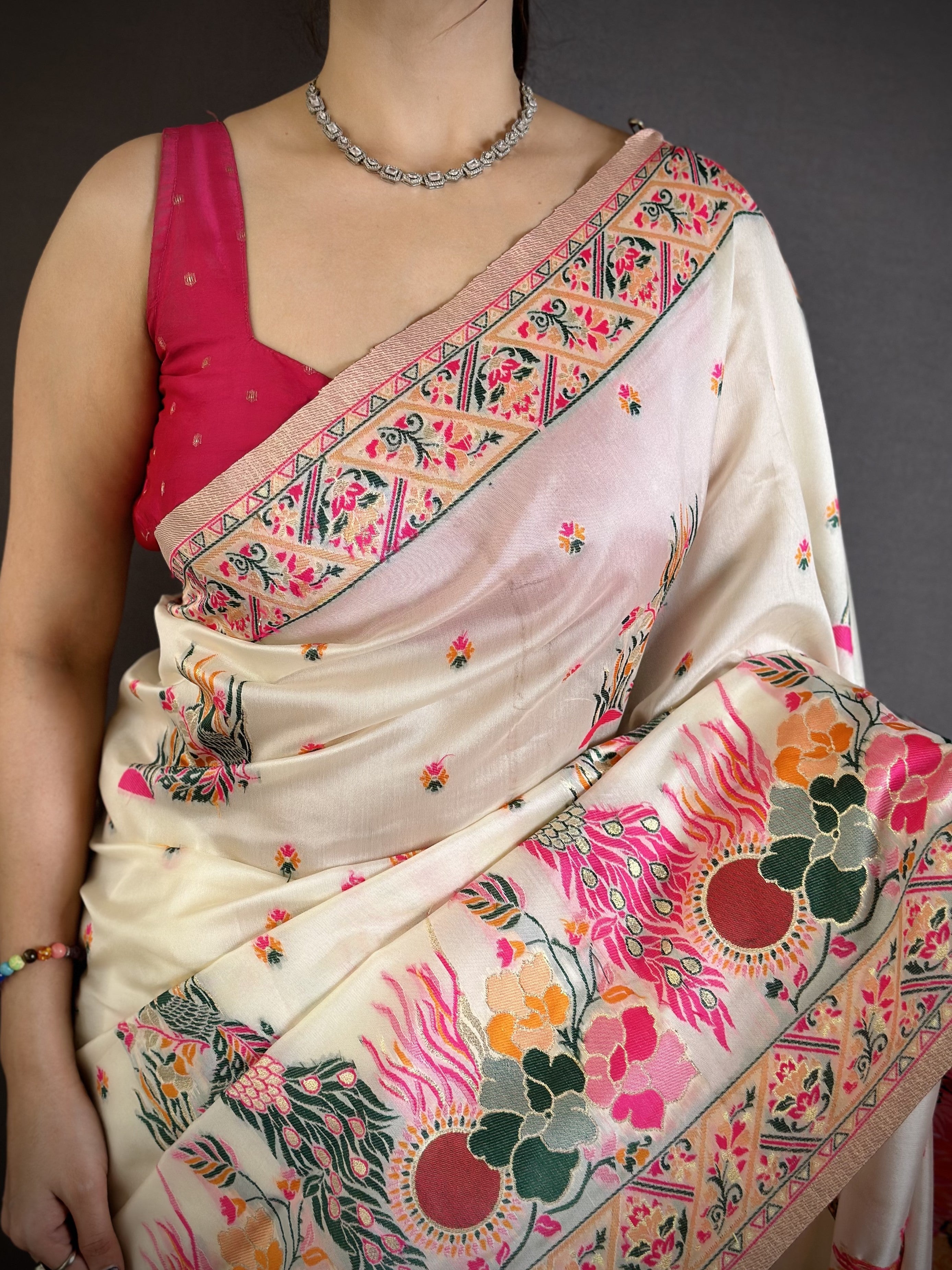 Luxury Pashmina Silk Kashmiri Saree - Meenakari Zari Weave (Off-White)