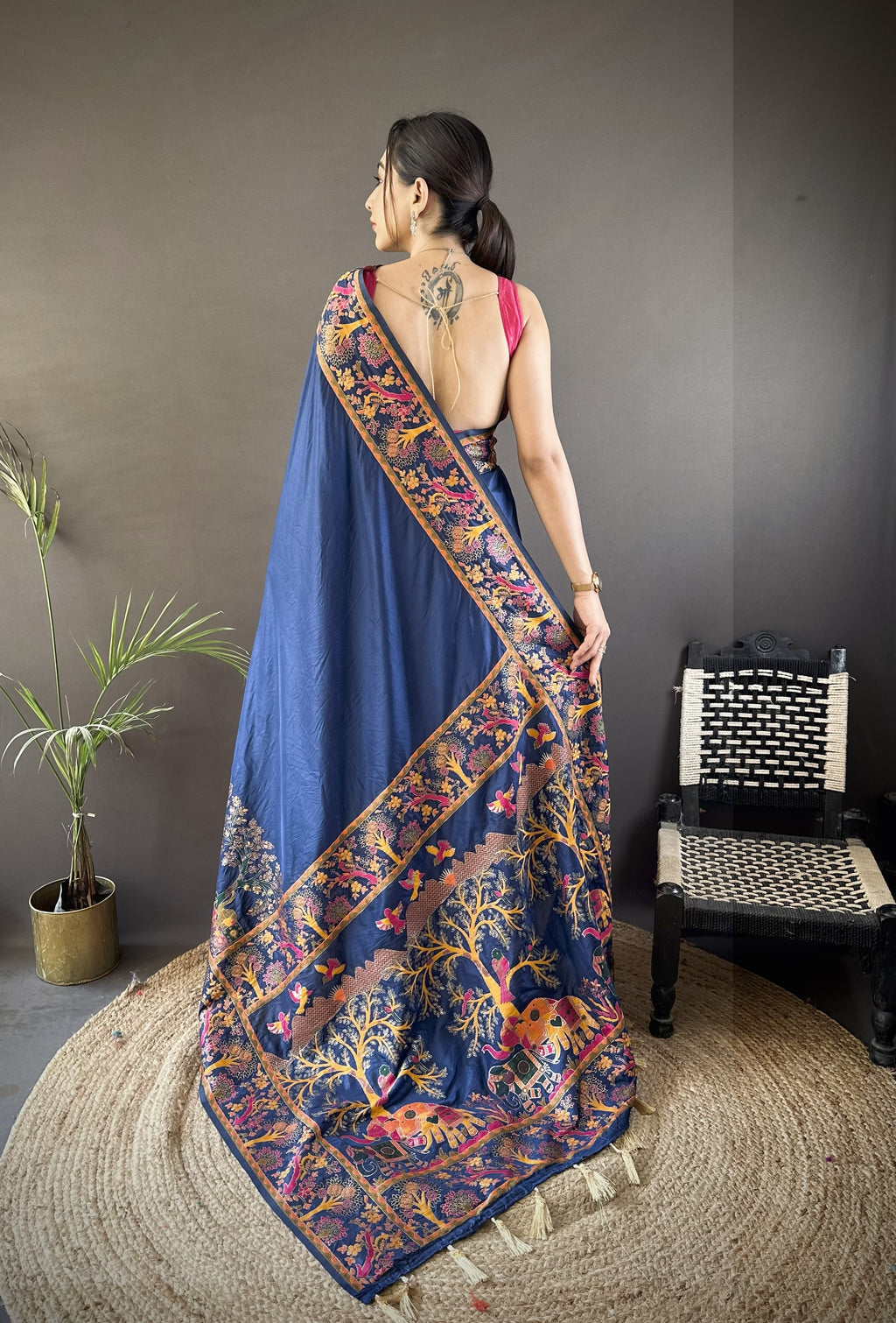 Luxury Pashmina Silk Kashmiri Saree - Meenakari Zari Weave (Blue)