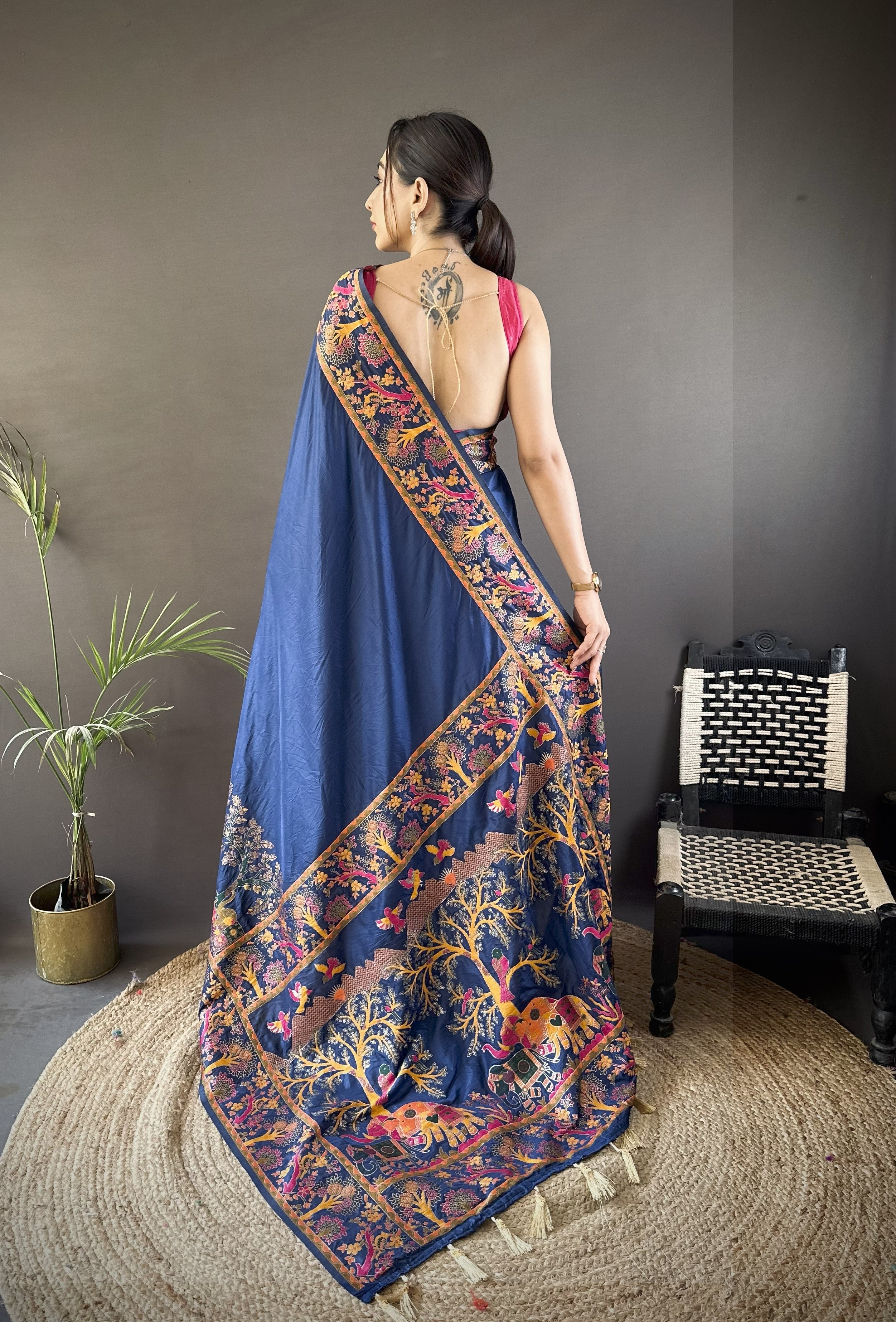 Luxury Pashmina Silk Kashmiri Saree - Meenakari Zari Weave (Blue)