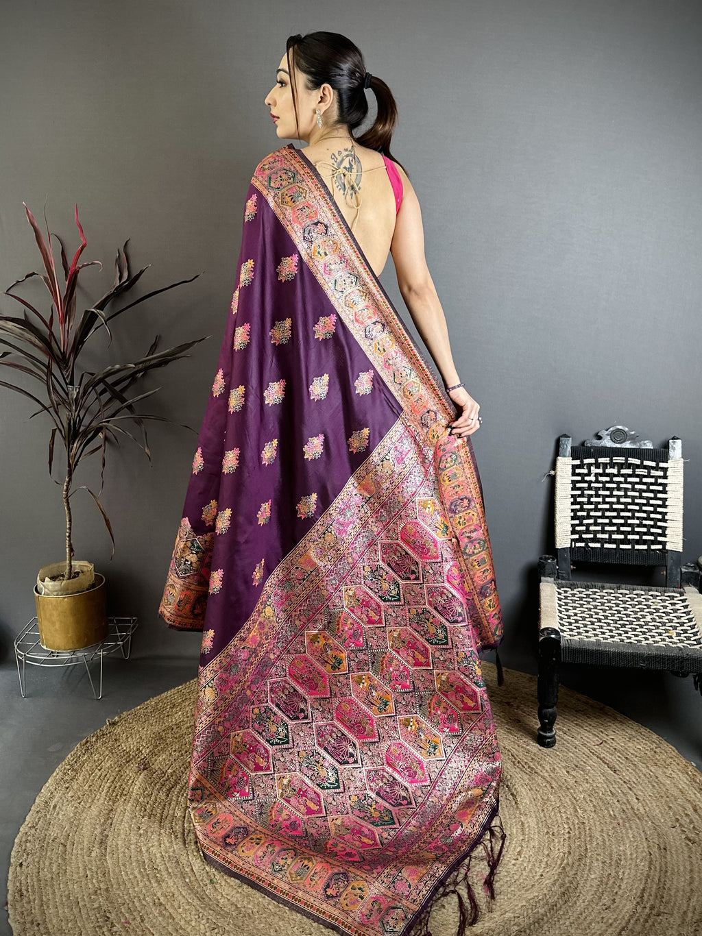 Luxury Pashmina Silk Kashmiri Saree - Meenakari Zari Weave (Wine)