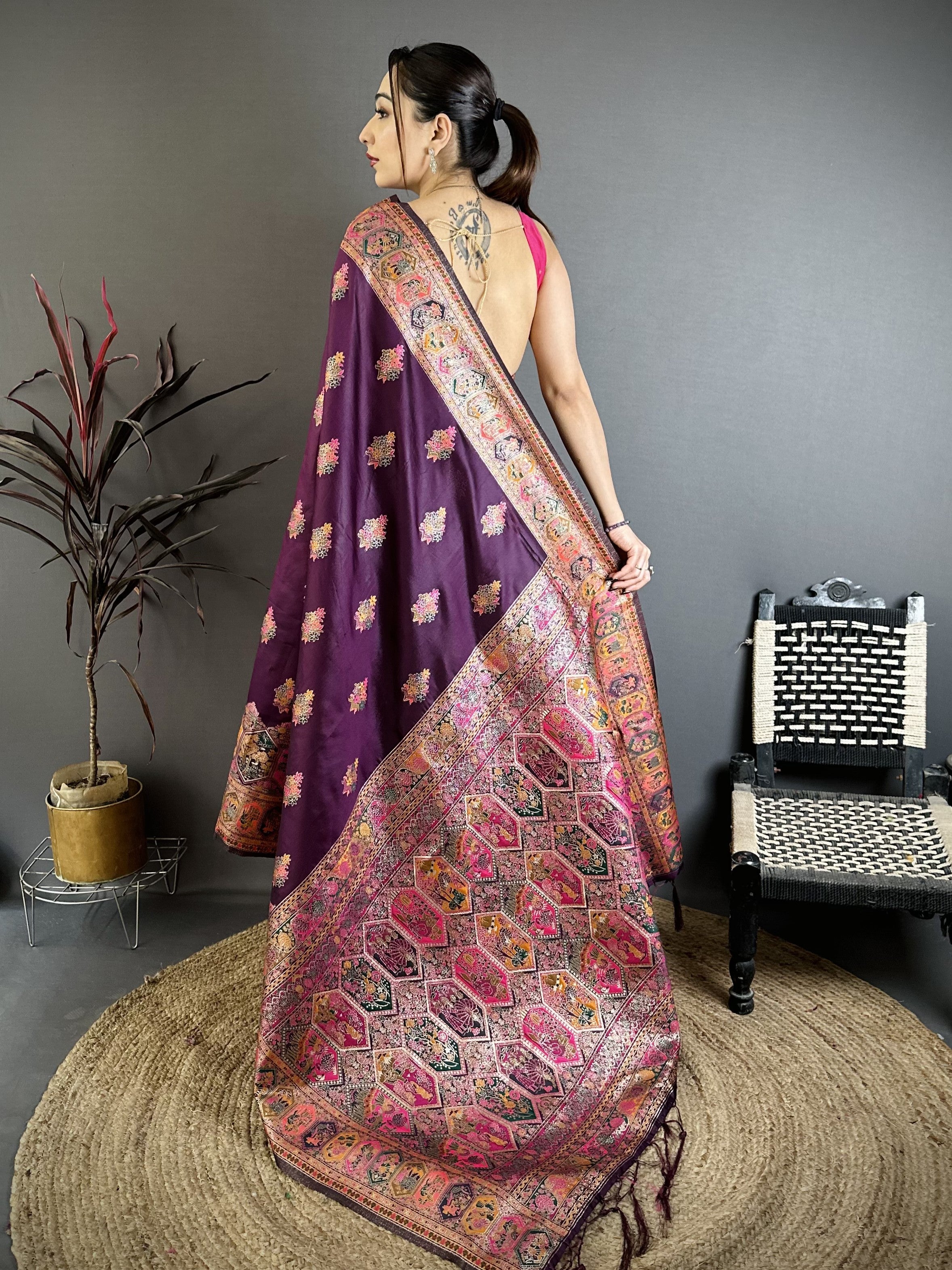 Luxury Pashmina Silk Kashmiri Saree - Meenakari Zari Weave (Wine)