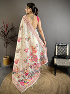 Luxury Pashmina Silk Kashmiri Saree - Meenakari Zari Weave (Off-White)