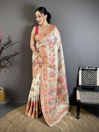 Luxury Pashmina Silk Kashmiri Saree - Meenakari Zari Weave (White)