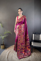 Luxury Pashmina Silk Kashmiri Saree - Meenakari Zari Weave (Wine)