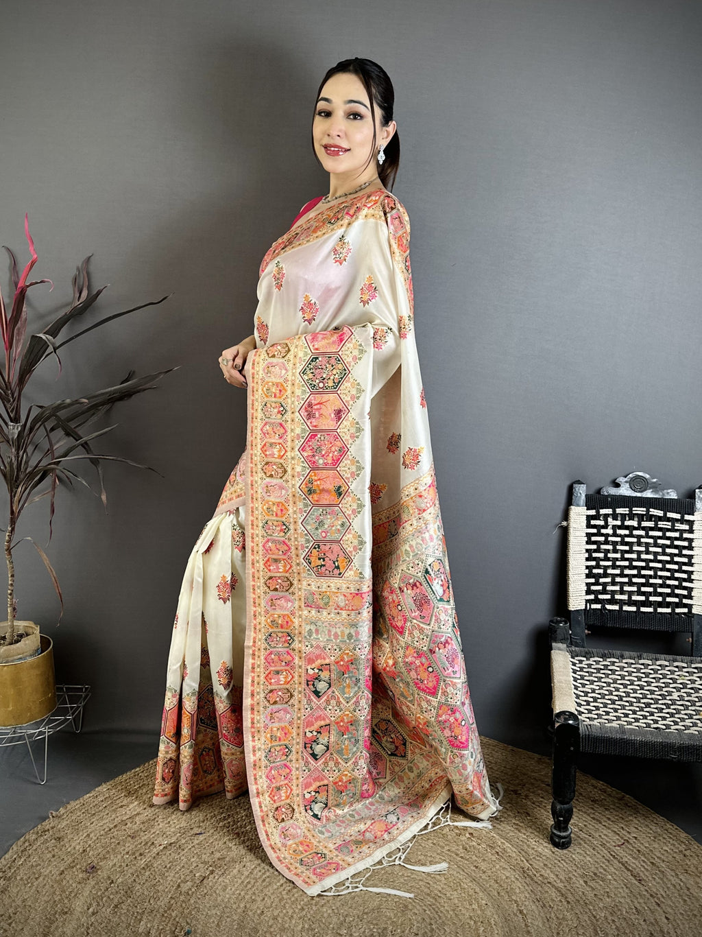 Luxury Pashmina Silk Kashmiri Saree - Meenakari Zari Weave (White)