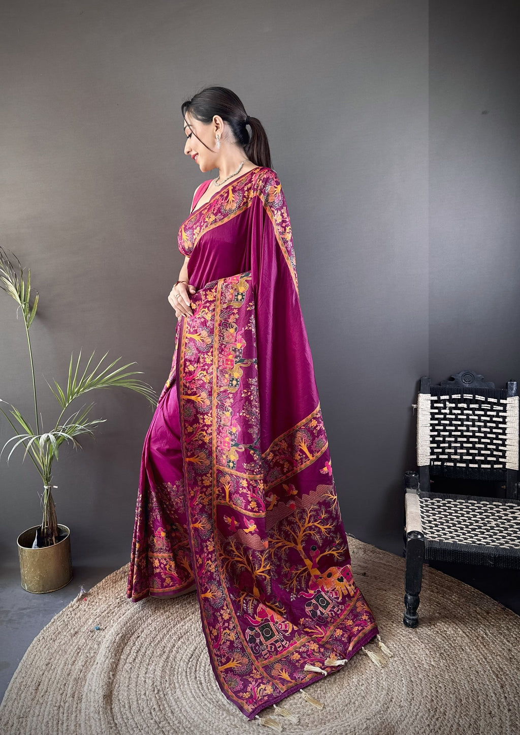 Luxury Pashmina Silk Kashmiri Saree - Meenakari Zari Weave (Wine)