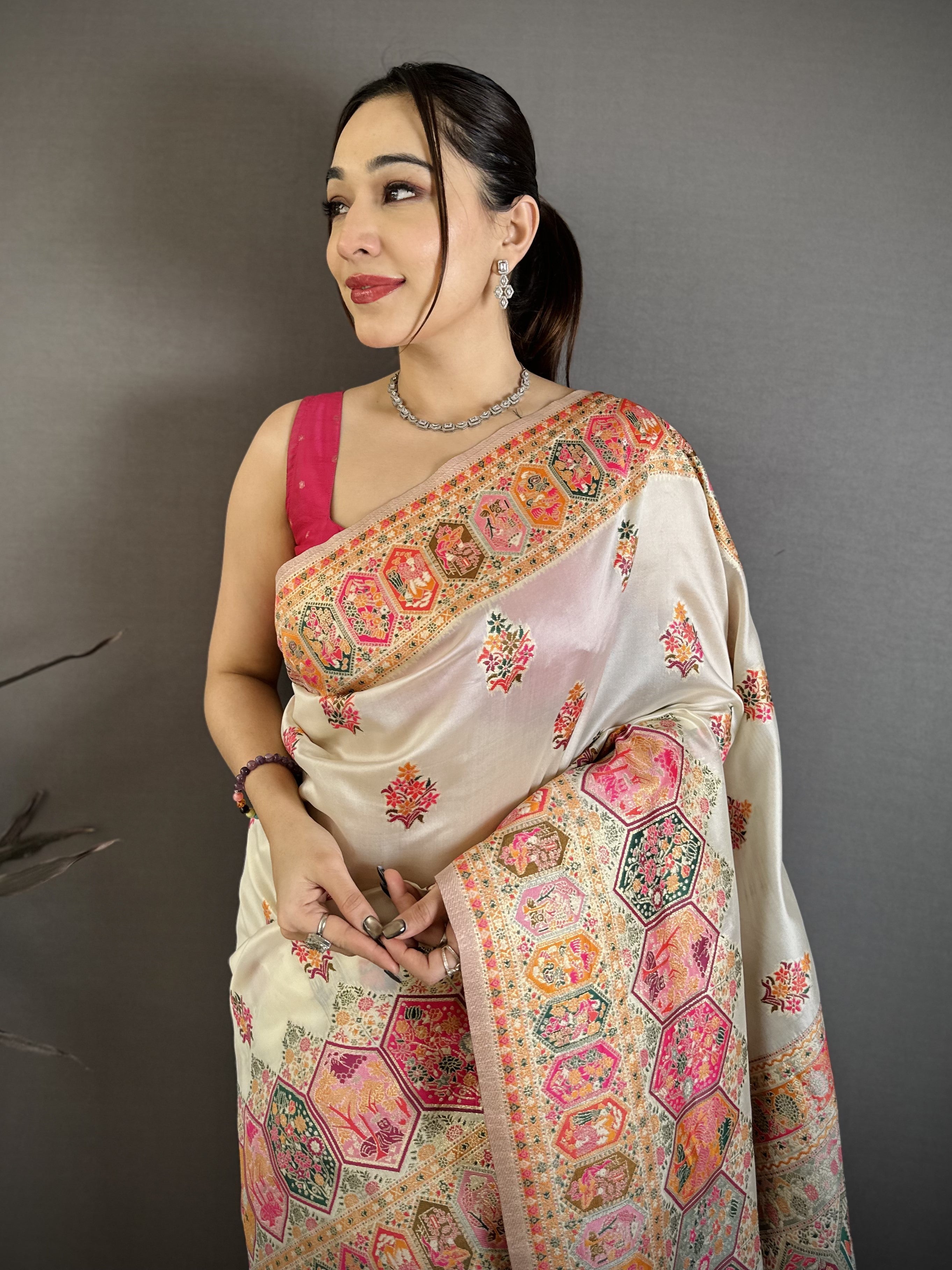Luxury Pashmina Silk Kashmiri Saree - Meenakari Zari Weave (White)