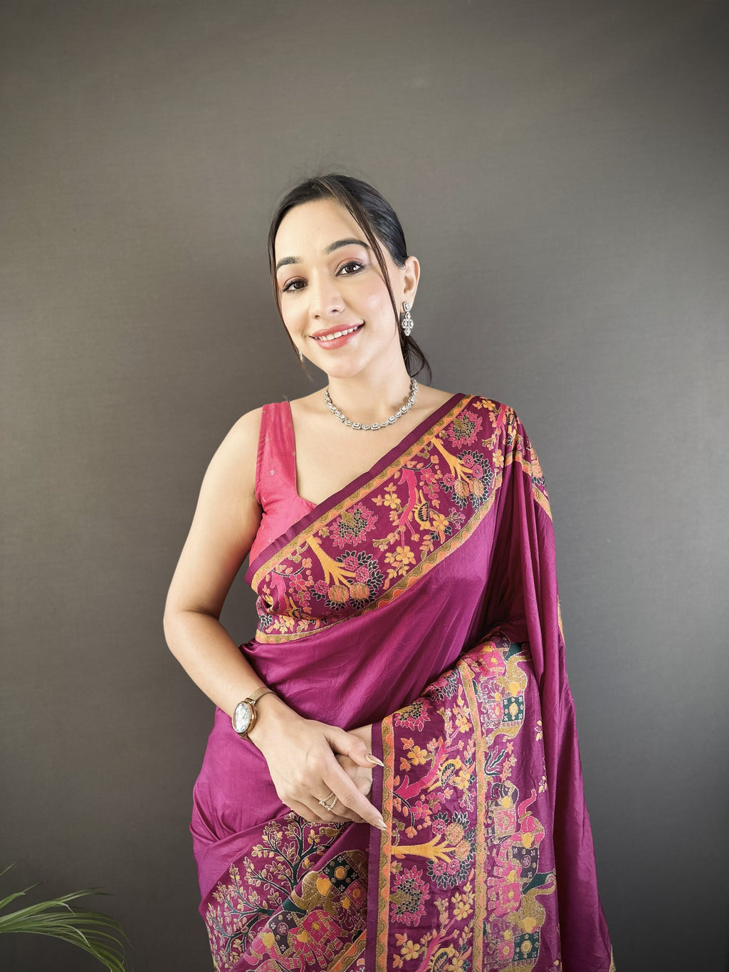 Luxury Pashmina Silk Kashmiri Saree - Meenakari Zari Weave (Wine)