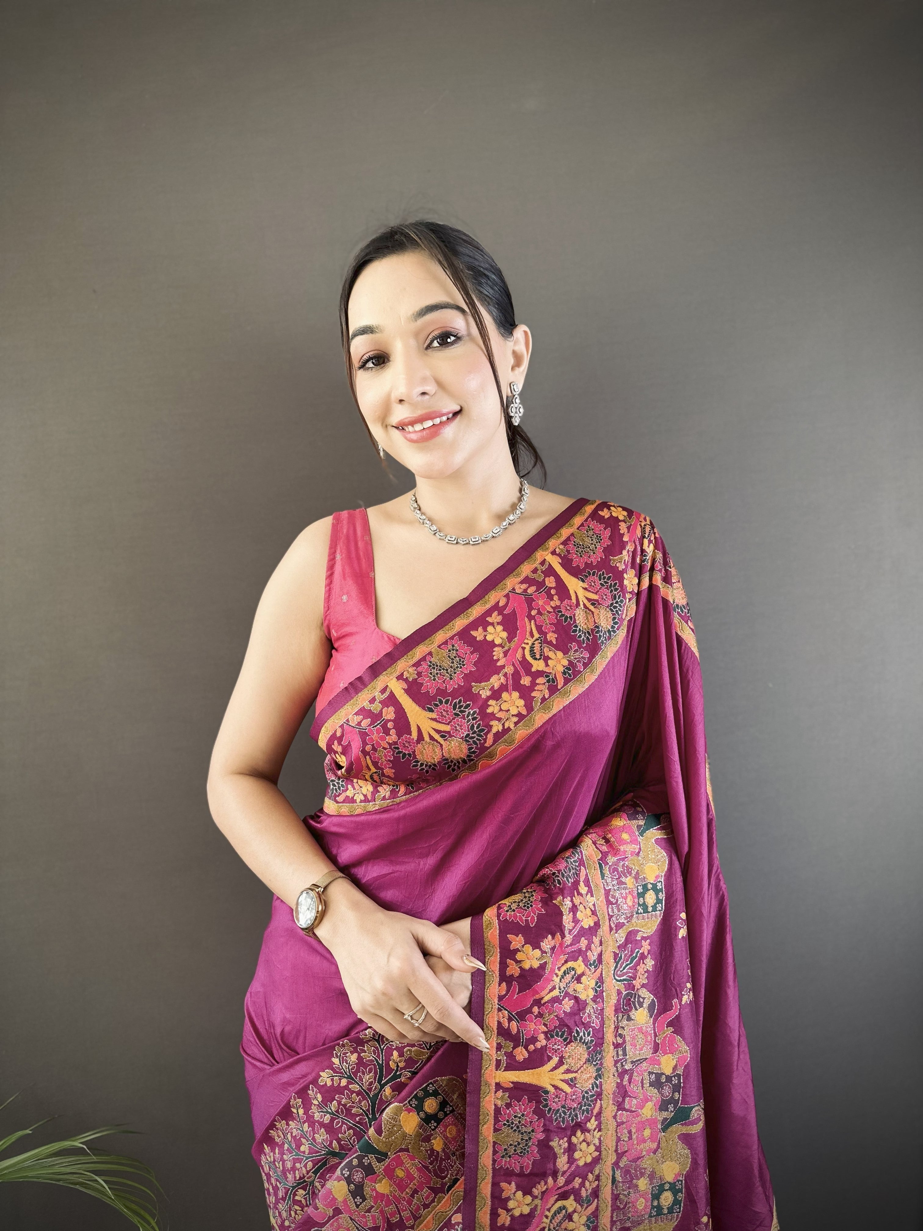 Luxury Pashmina Silk Kashmiri Saree - Meenakari Zari Weave (Wine)