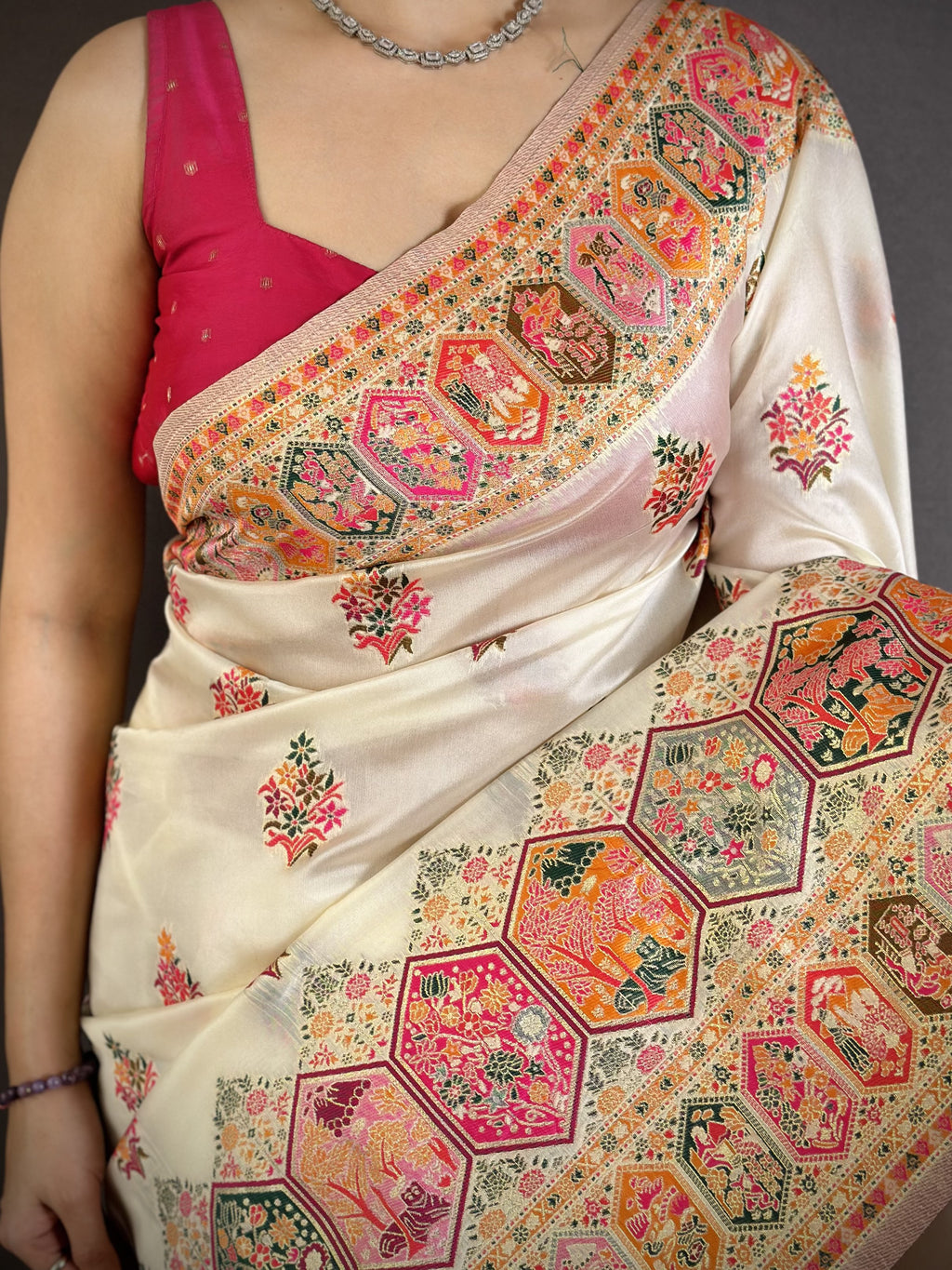 Luxury Pashmina Silk Kashmiri Saree - Meenakari Zari Weave (White)