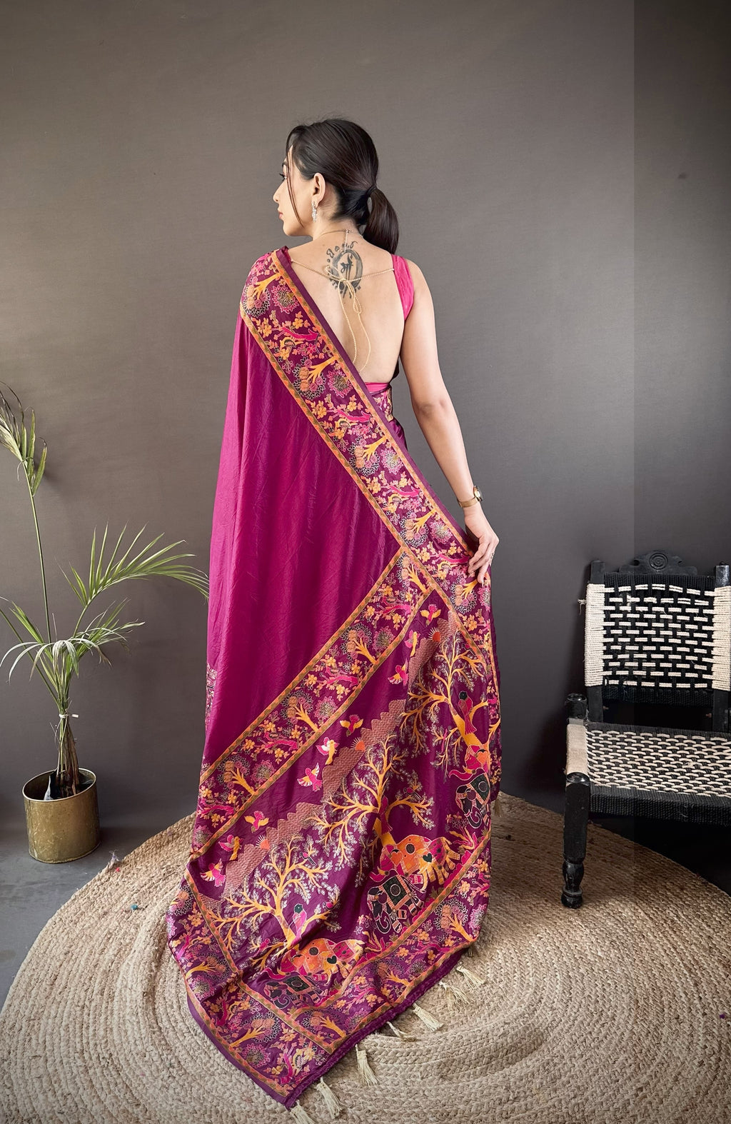 Luxury Pashmina Silk Kashmiri Saree - Meenakari Zari Weave (Wine)