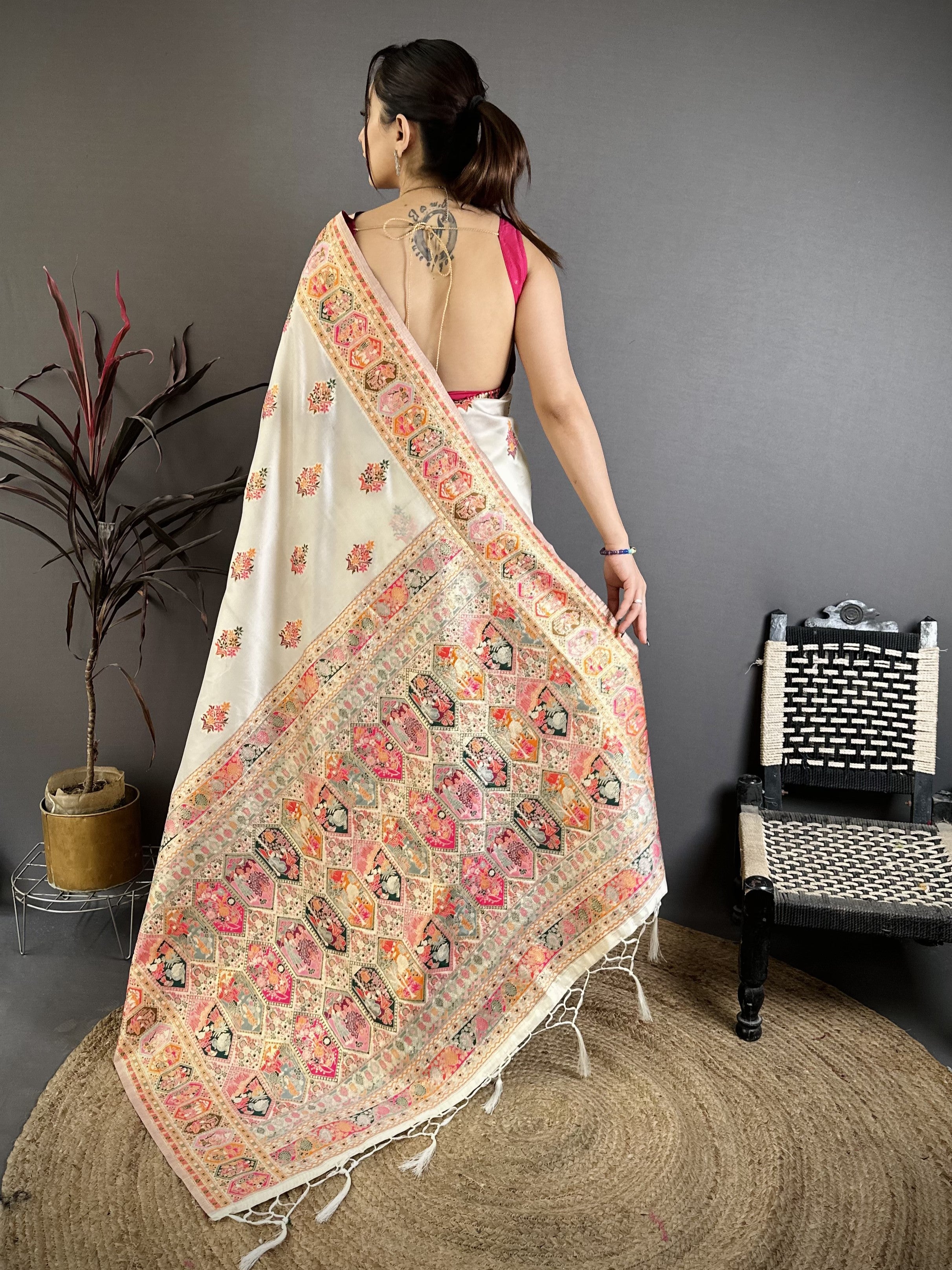 Luxury Pashmina Silk Kashmiri Saree - Meenakari Zari Weave (White)