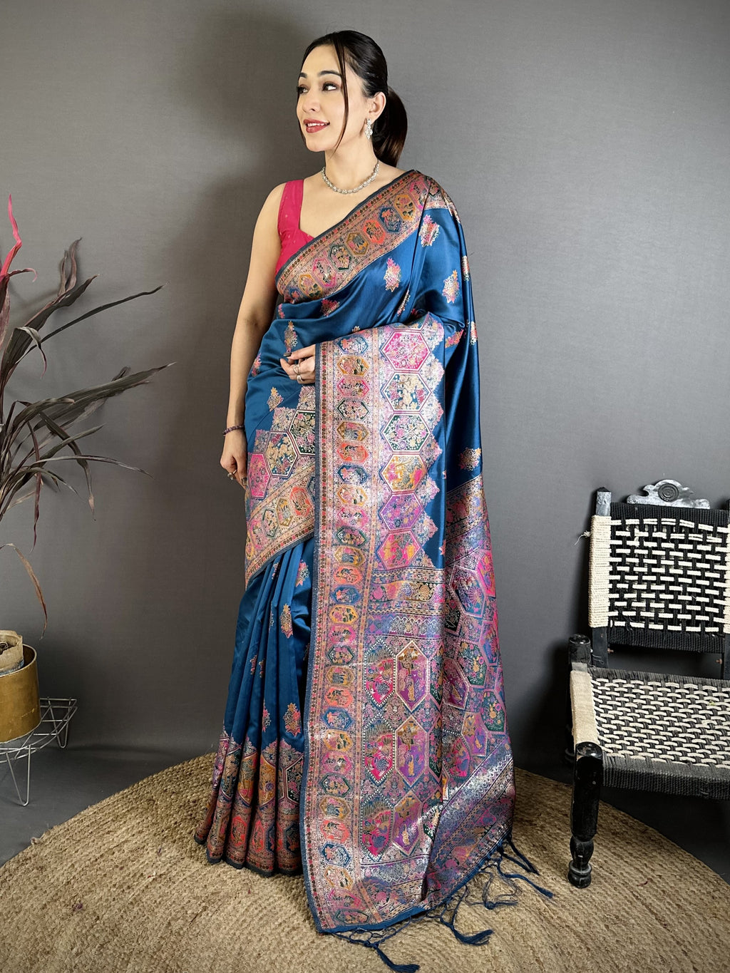 Luxury Pashmina Silk Kashmiri Saree - Meenakari Zari Weave (Blue)
