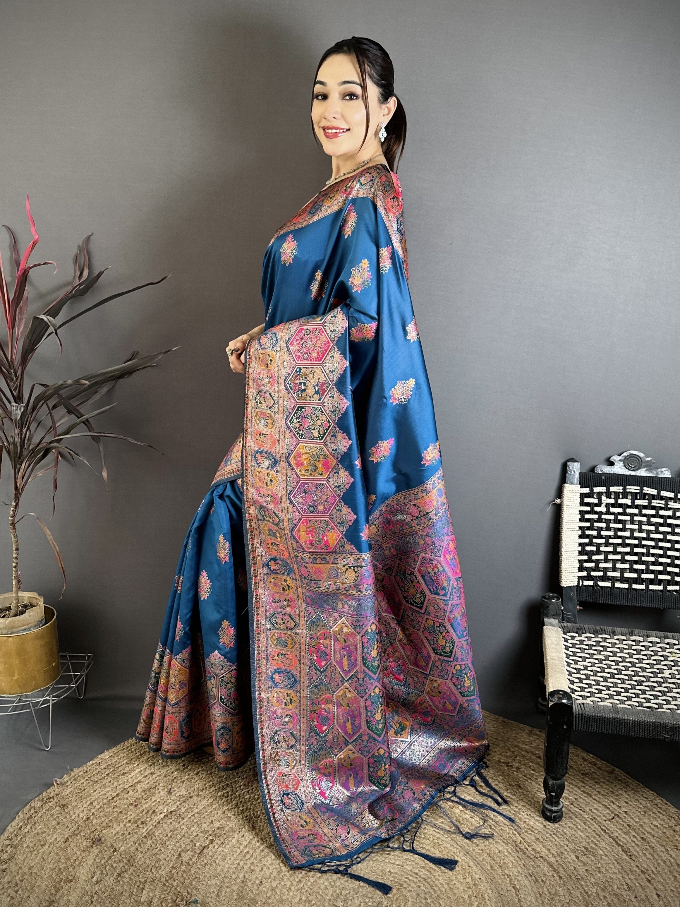 Luxury Pashmina Silk Kashmiri Saree - Meenakari Zari Weave (Blue)