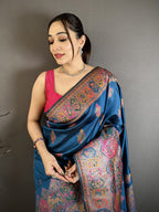 Luxury Pashmina Silk Kashmiri Saree - Meenakari Zari Weave (Blue)
