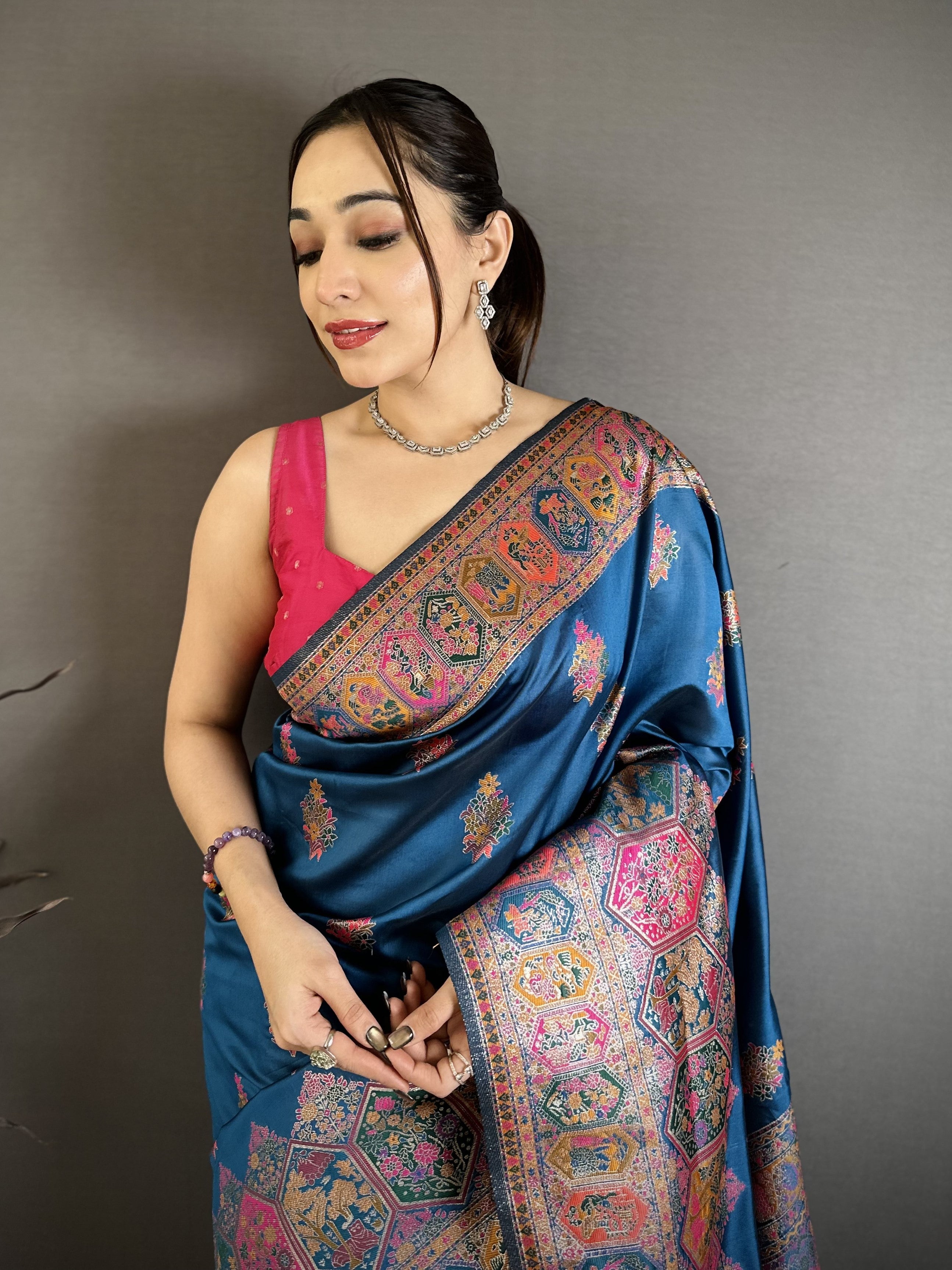 Luxury Pashmina Silk Kashmiri Saree - Meenakari Zari Weave (Blue)