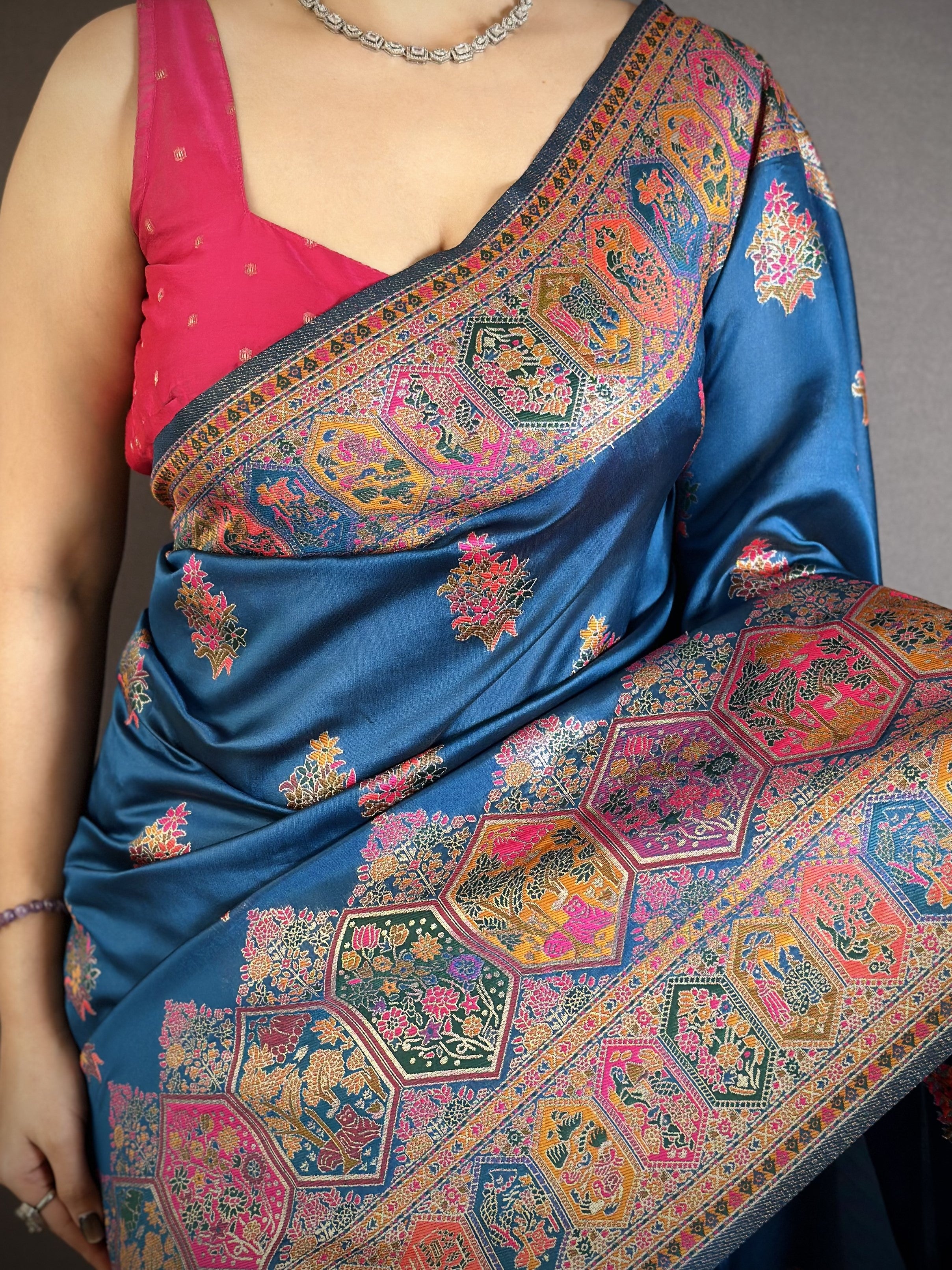 Luxury Pashmina Silk Kashmiri Saree - Meenakari Zari Weave (Blue)