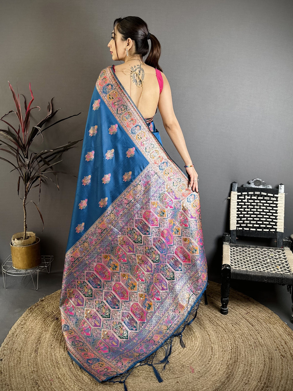 Luxury Pashmina Silk Kashmiri Saree - Meenakari Zari Weave (Blue)