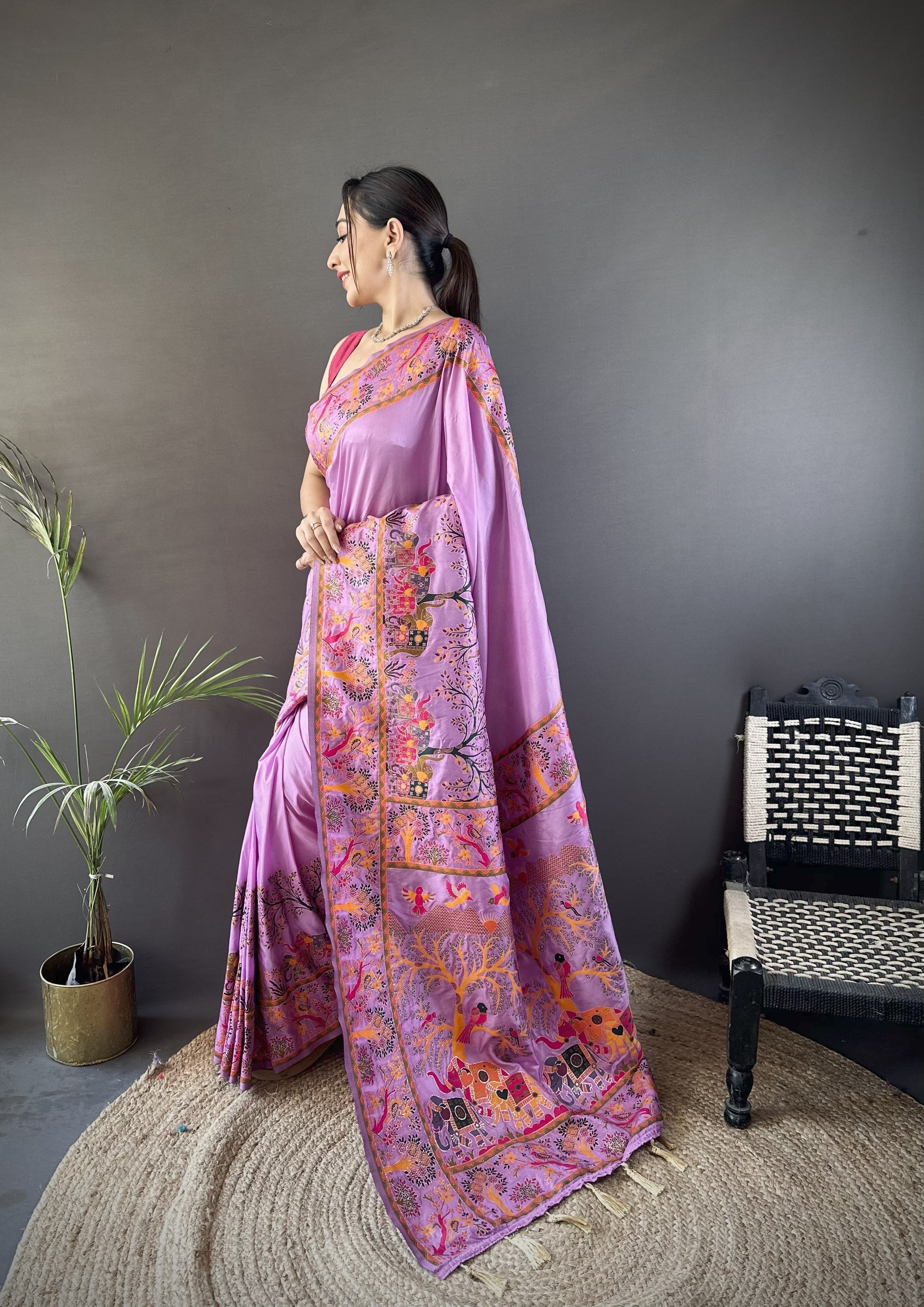 Luxury Pashmina Silk Kashmiri Saree - Meenakari Zari Weave (Purple)