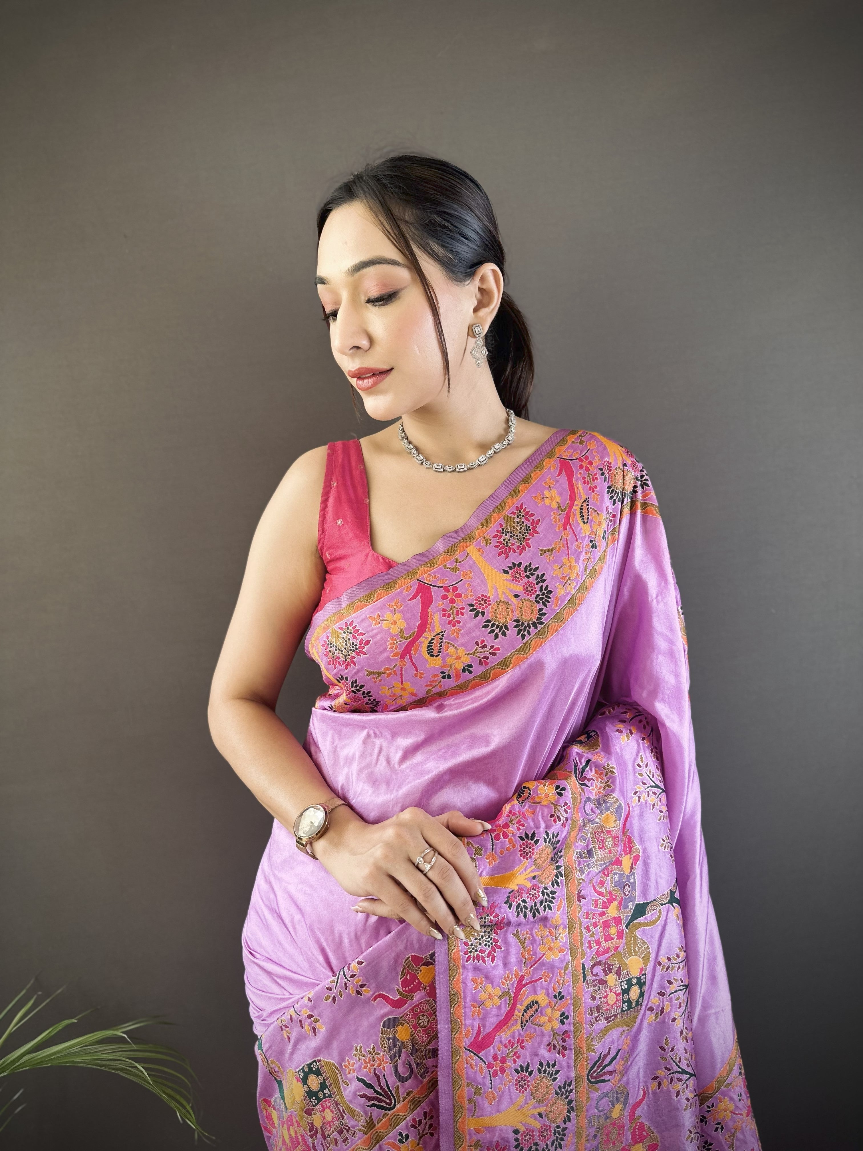 Luxury Pashmina Silk Kashmiri Saree - Meenakari Zari Weave (Purple)
