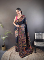 Luxury Pashmina Silk Kashmiri Saree - Meenakari Zari Weave (Black)